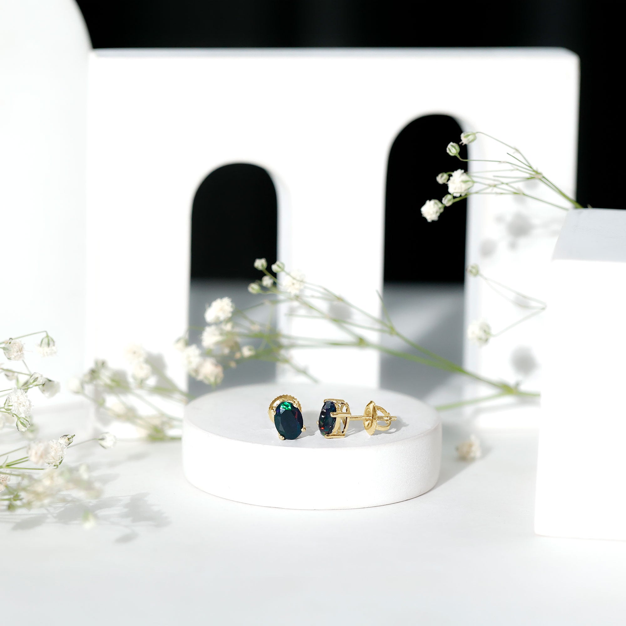 Real Black Opal Solitaire Stud Earrings in 4 Prong Setting AAA - Rosec Jewels