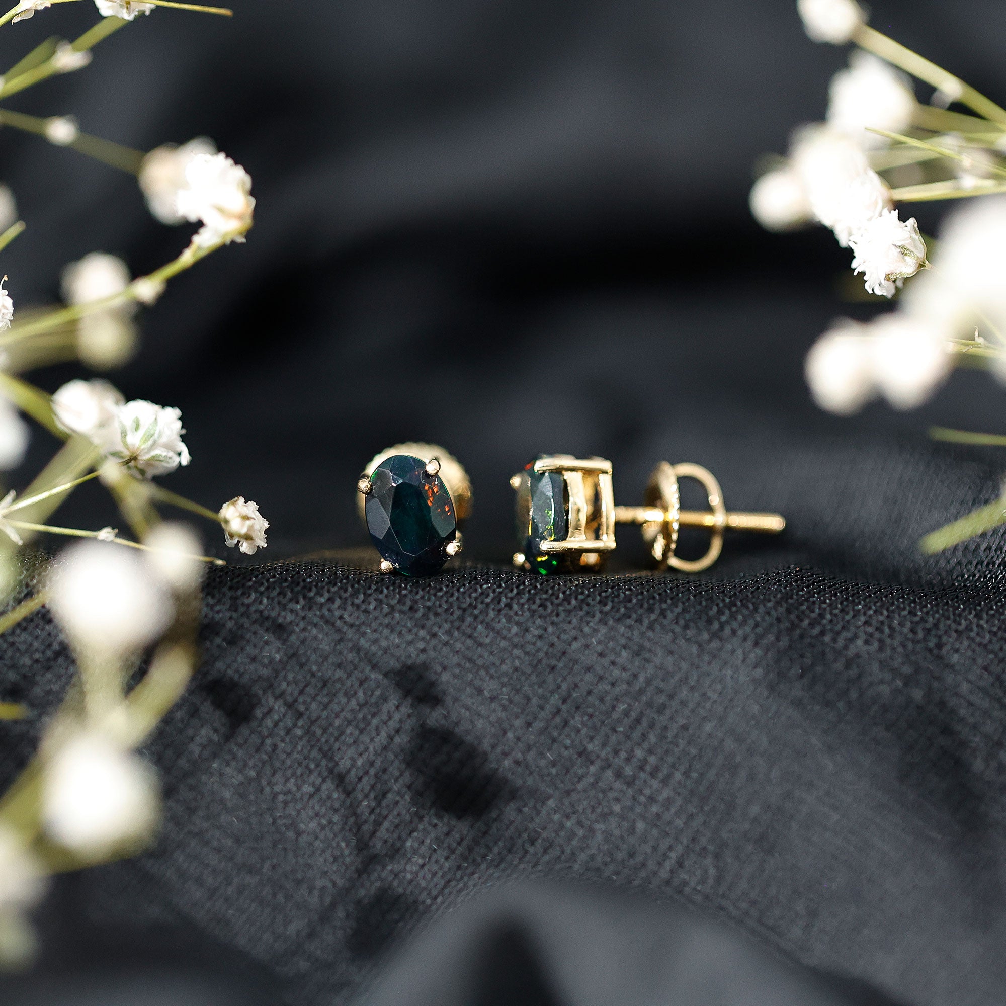 Real Black Opal Solitaire Stud Earrings in 4 Prong Setting AAA - Rosec Jewels