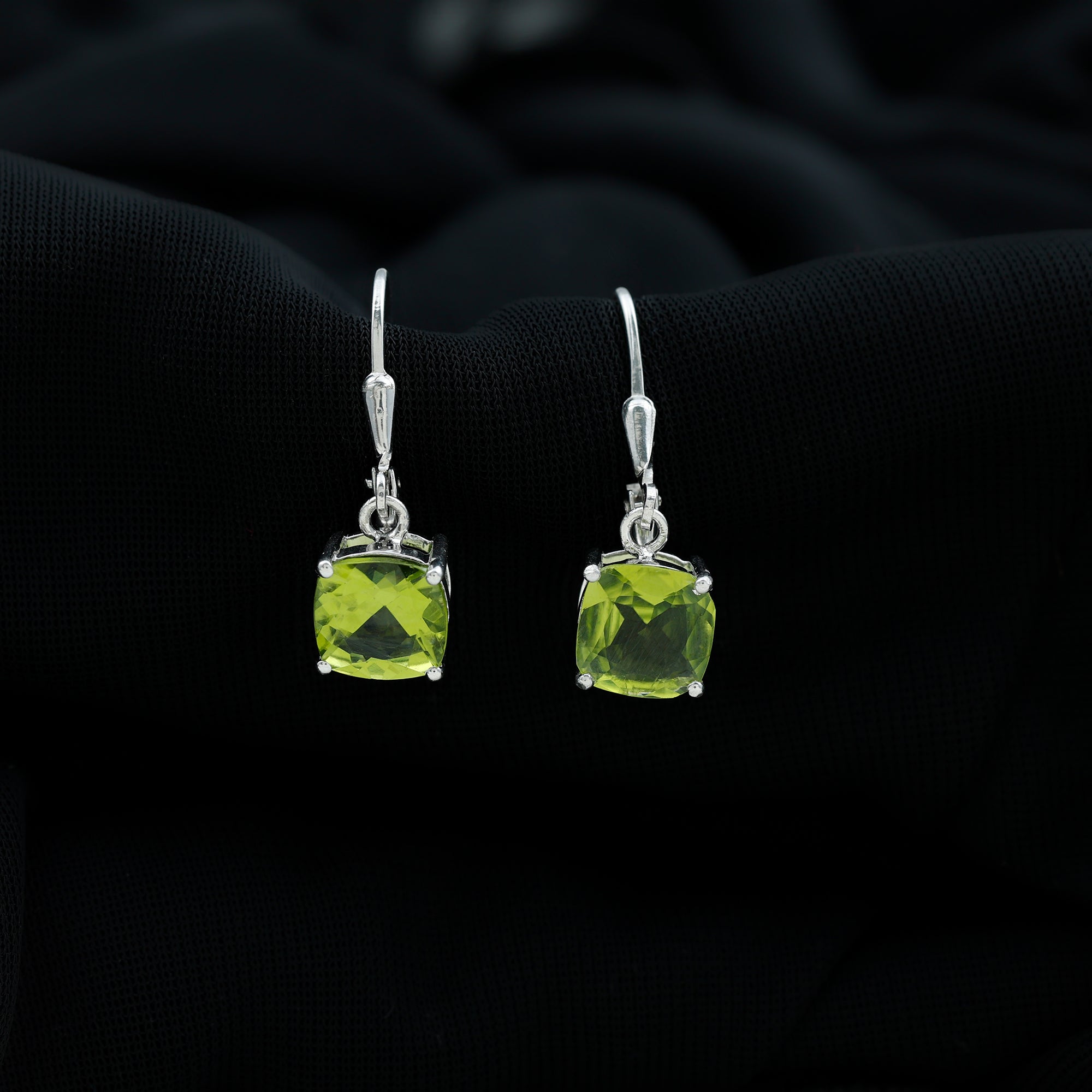 4 Carat Cushion Cut Peridot Solitaire Drop Earrings with Leverback AAA - Rosec Jewels