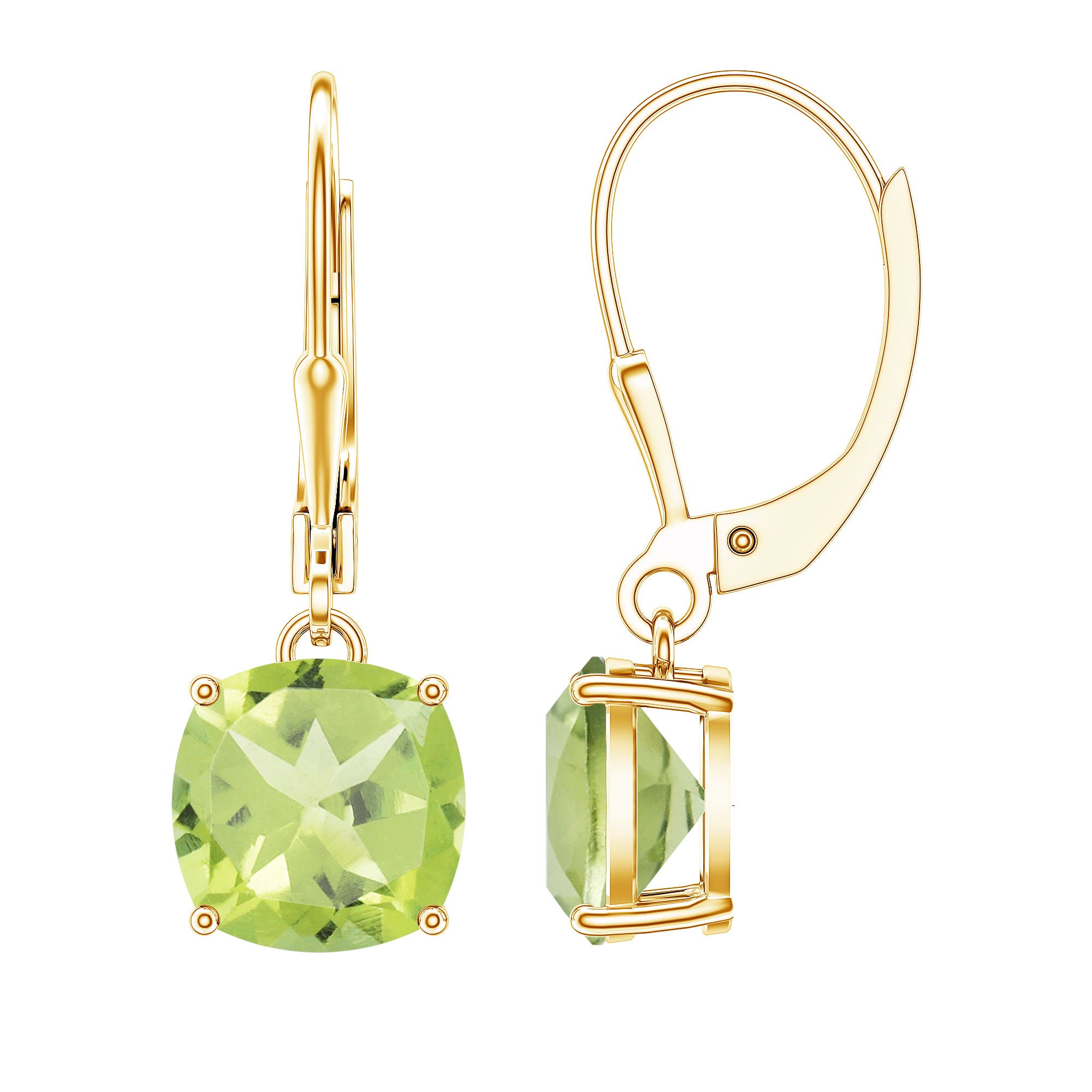 4 Carat Cushion Cut Peridot Solitaire Drop Earrings with Leverback AAA - Rosec Jewels