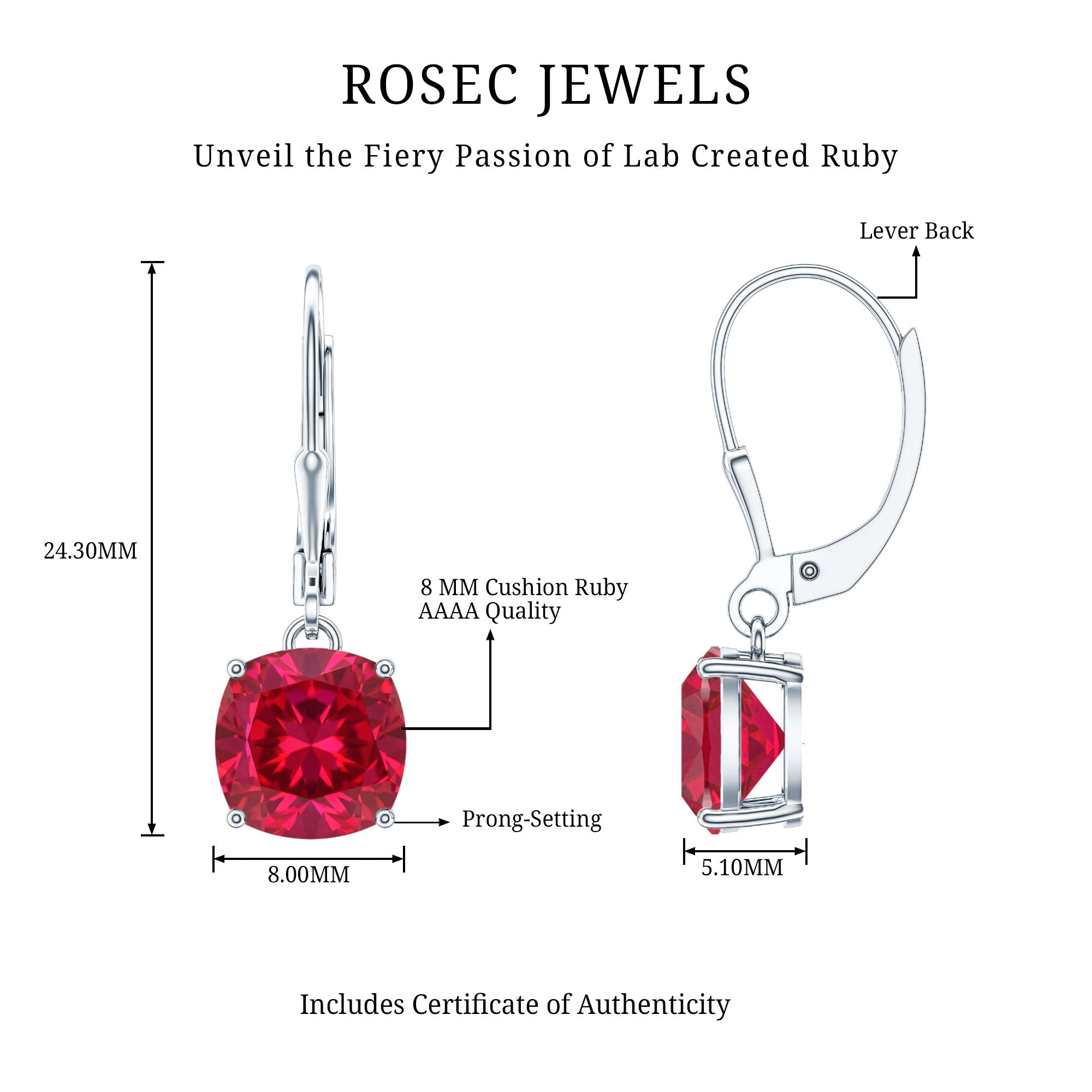 Lab Created Ruby Drop Earrings For Women AAAA - Rosec Jewels