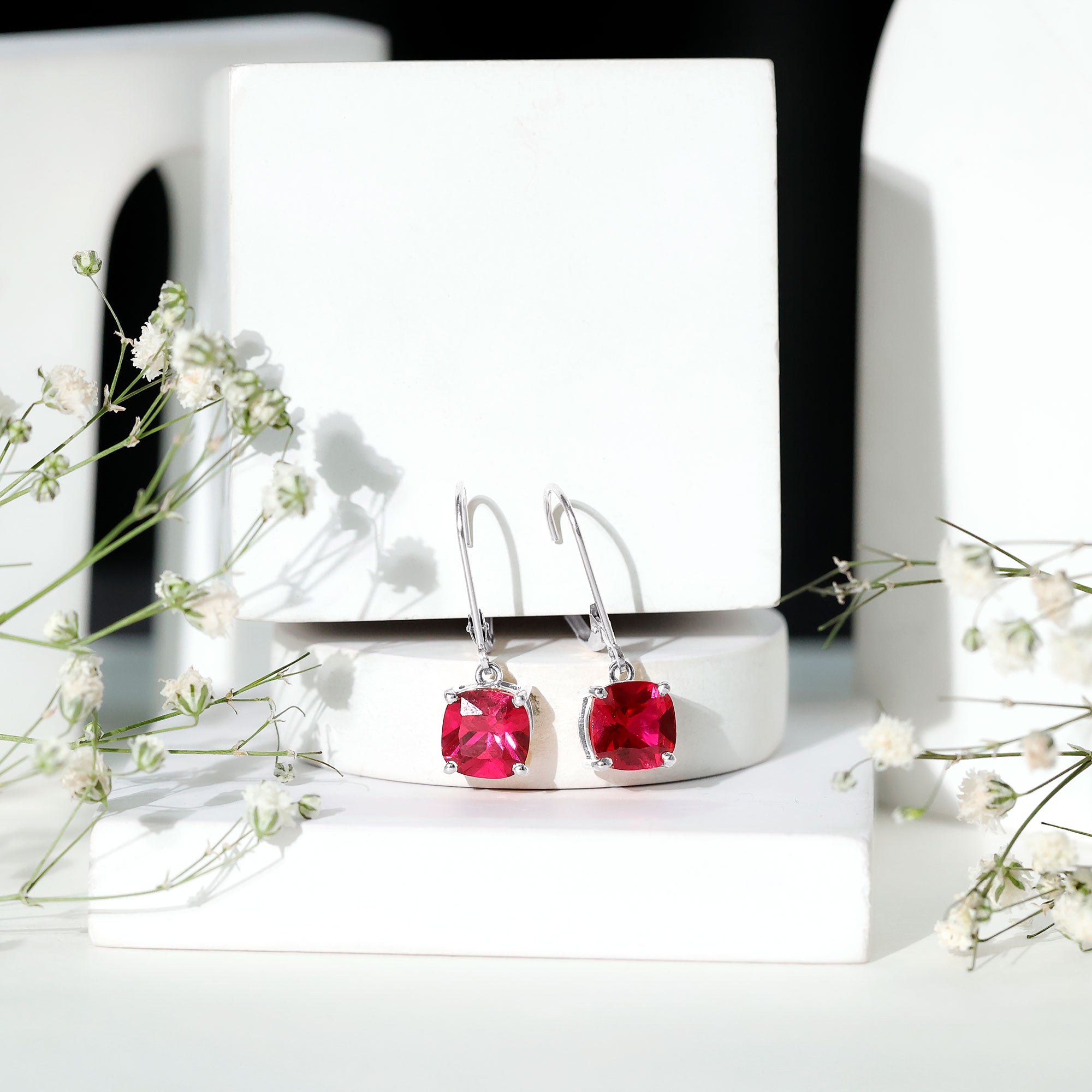Lab Created Ruby Drop Earrings For Women AAAA - Rosec Jewels