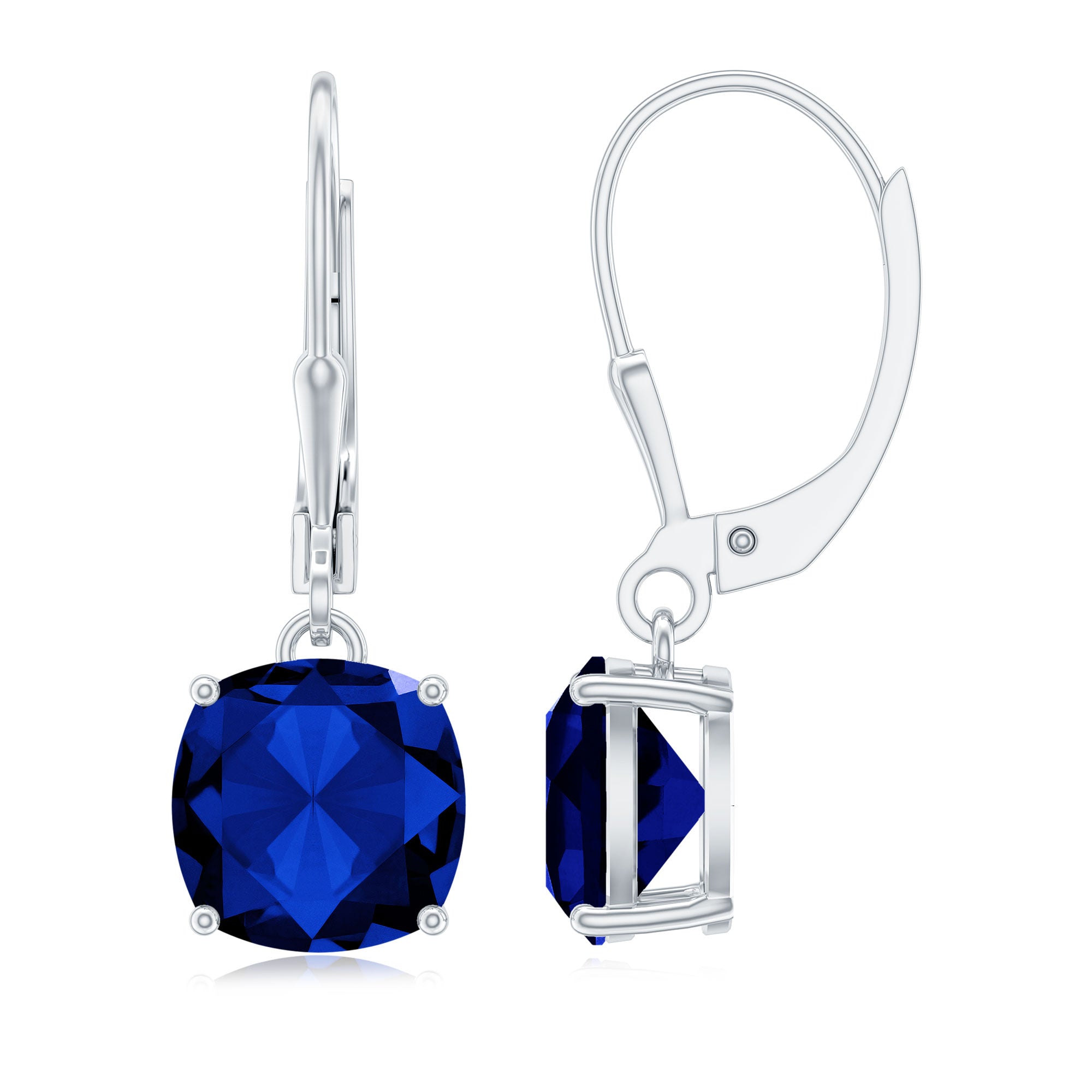 Cushion Cut Lab Grown Blue Sapphire Drop Hoop Earrings AAAA - Rosec Jewels