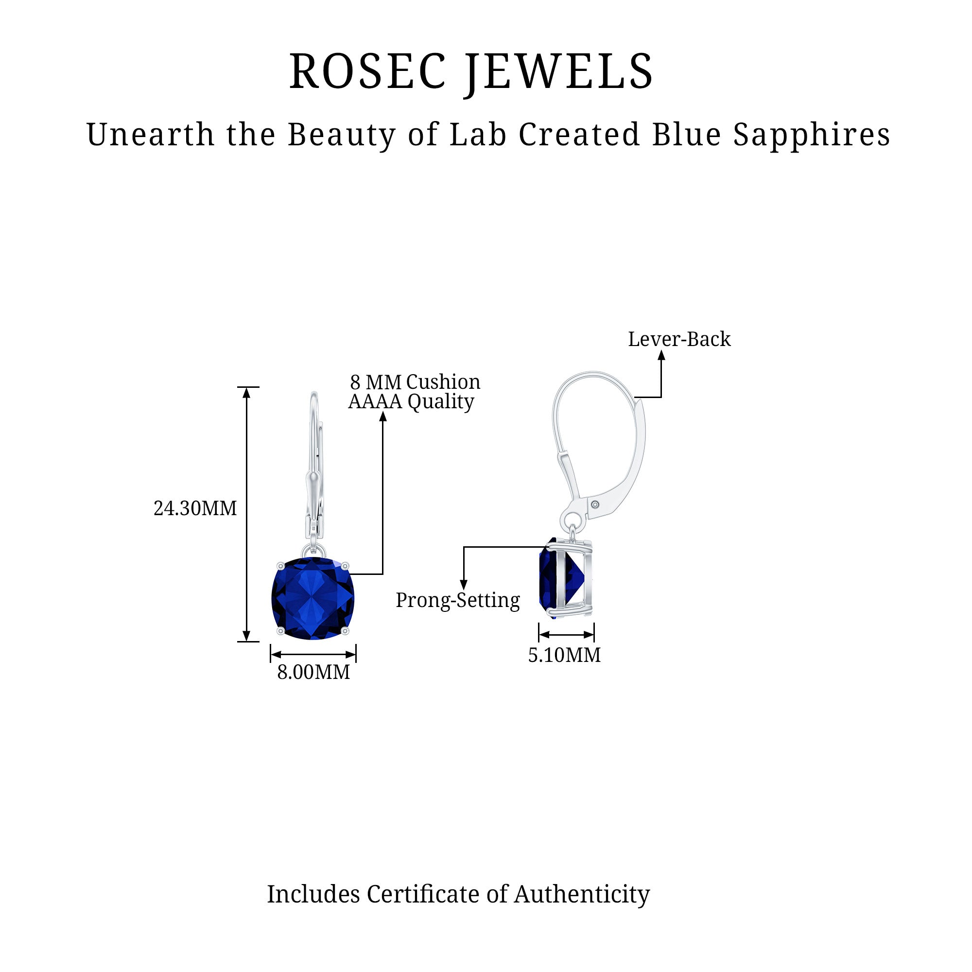 Cushion Cut Lab Grown Blue Sapphire Drop Hoop Earrings AAAA - Rosec Jewels