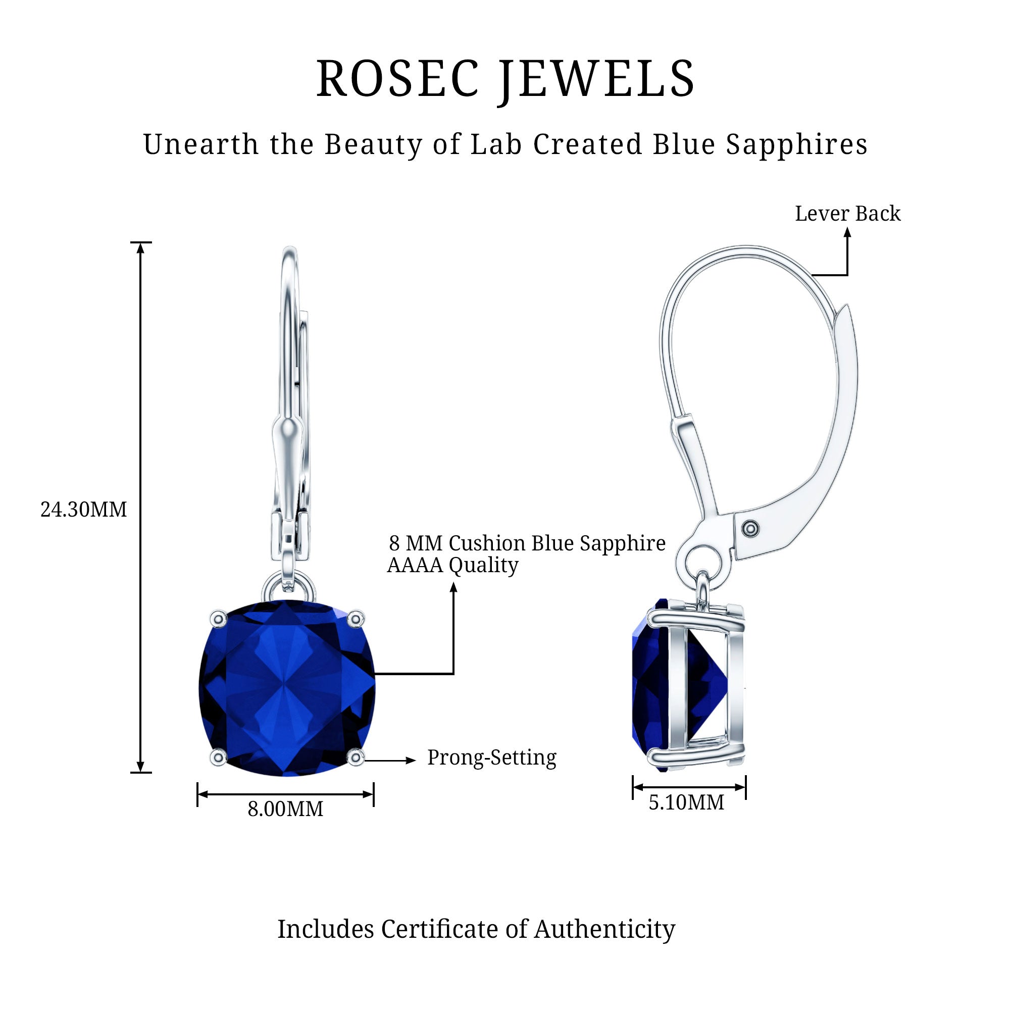 Cushion Cut Lab Grown Blue Sapphire Drop Hoop Earrings AAAA - Rosec Jewels
