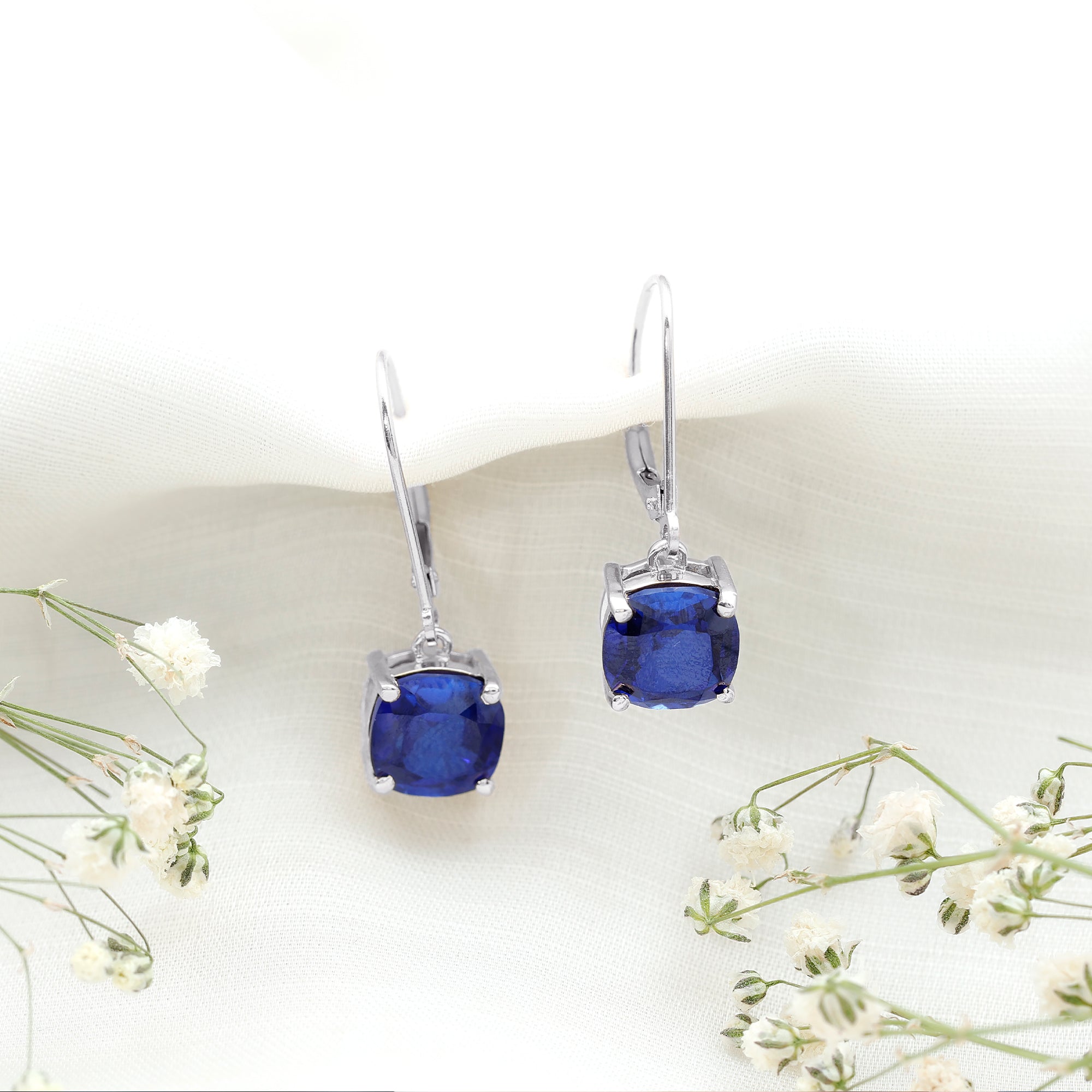 Cushion Cut Lab Grown Blue Sapphire Drop Hoop Earrings AAAA - Rosec Jewels