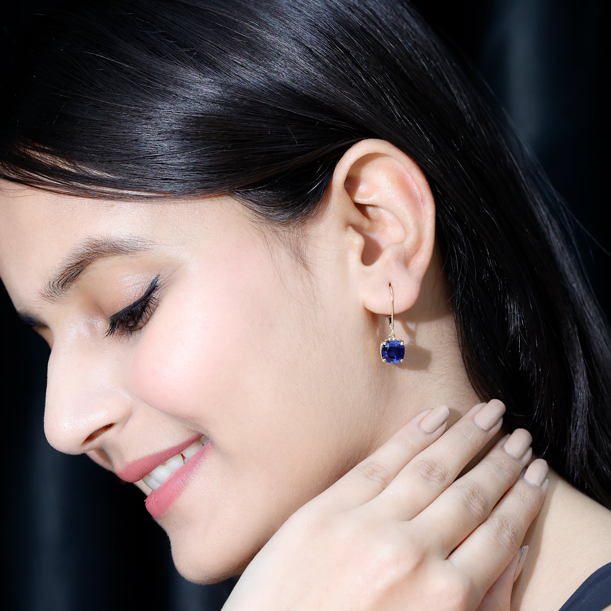 Cushion Cut Lab Grown Blue Sapphire Drop Hoop Earrings AAAA - Rosec Jewels