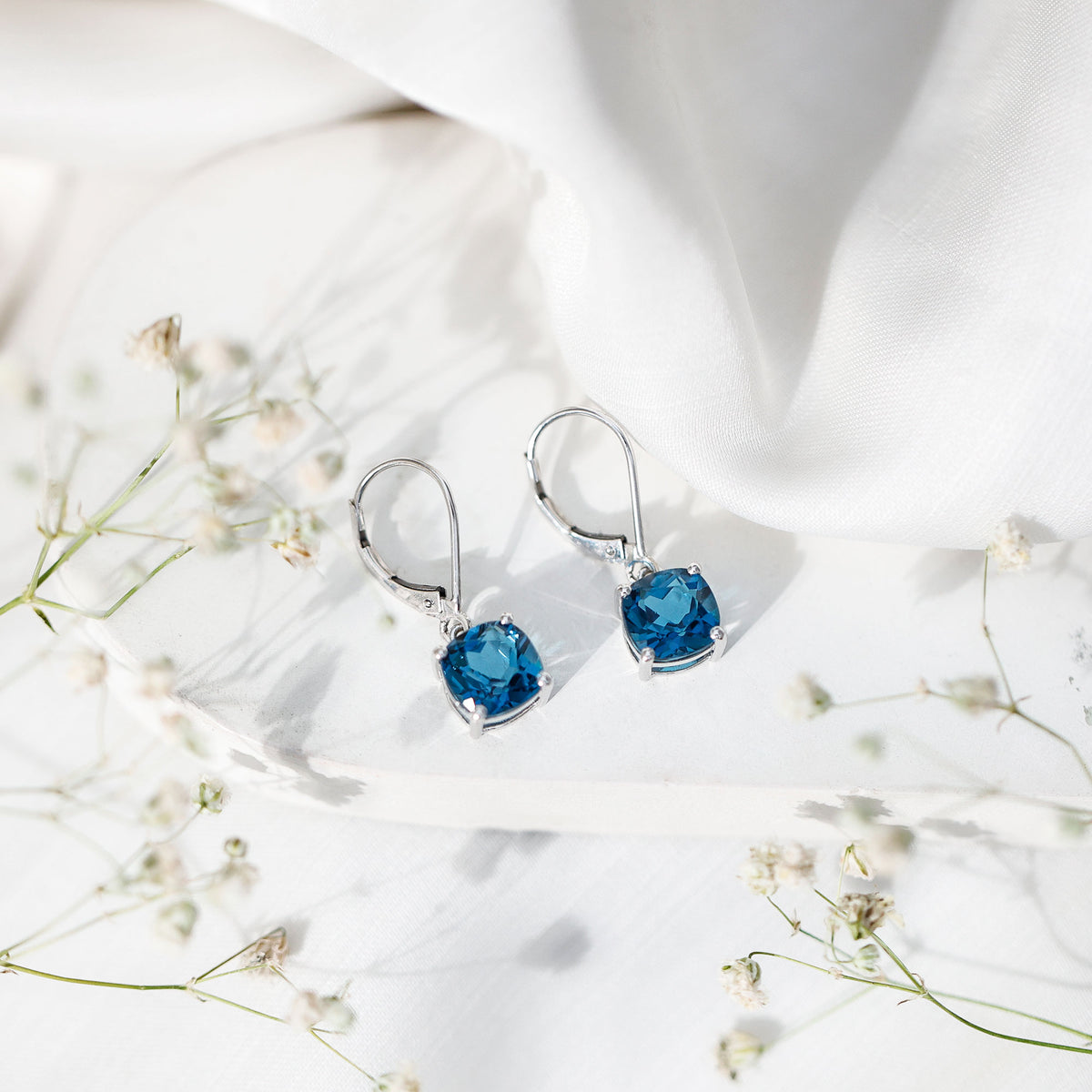 Cushion Cut London Blue Topaz Solitaire Drop Earrings AAA - Rosec Jewels