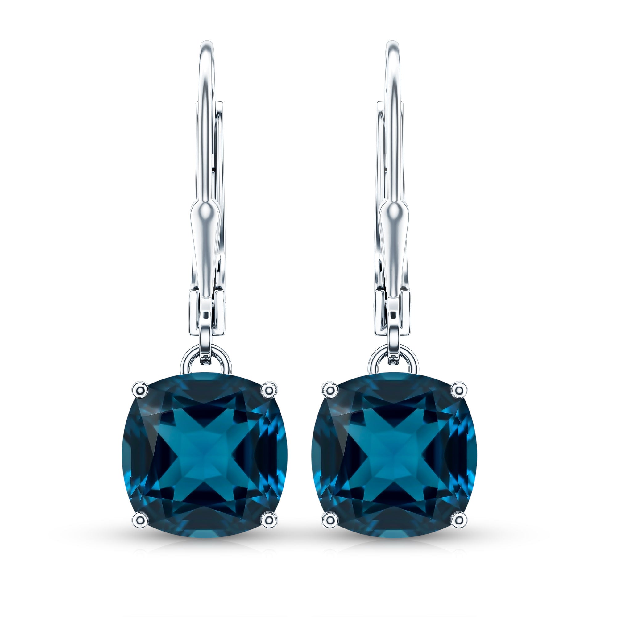 Cushion Cut London Blue Topaz Solitaire Drop Earrings AAA - Rosec Jewels