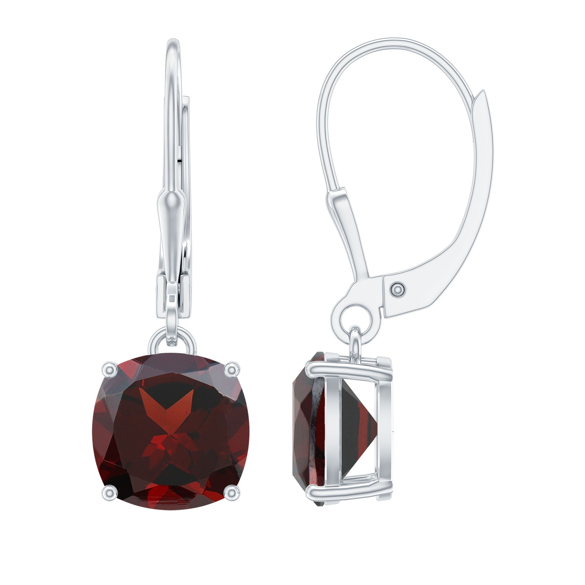 8 MM Cushion Cut Garnet Solitaire Drop Earrings with Lever Back