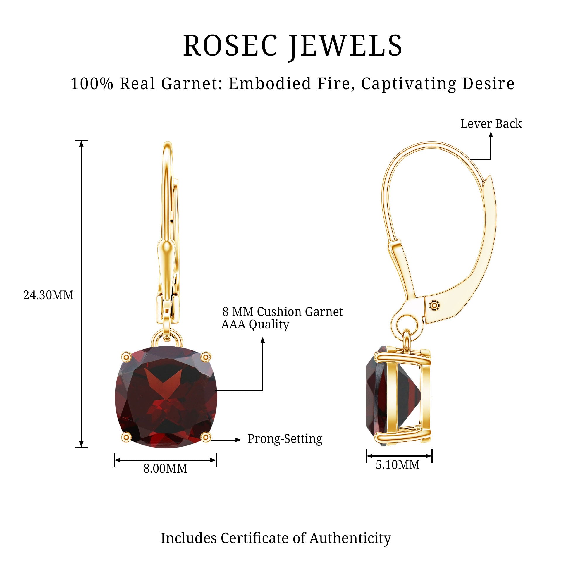 8 MM Cushion Cut Garnet Solitaire Drop Earrings with Lever Back AAA - Rosec Jewels