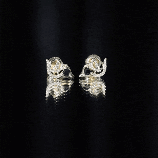 Heart Shape Lab Grown Black and White Diamond Cat Stud Earrings AAAA ( Synthetic ) - Rosec Jewels