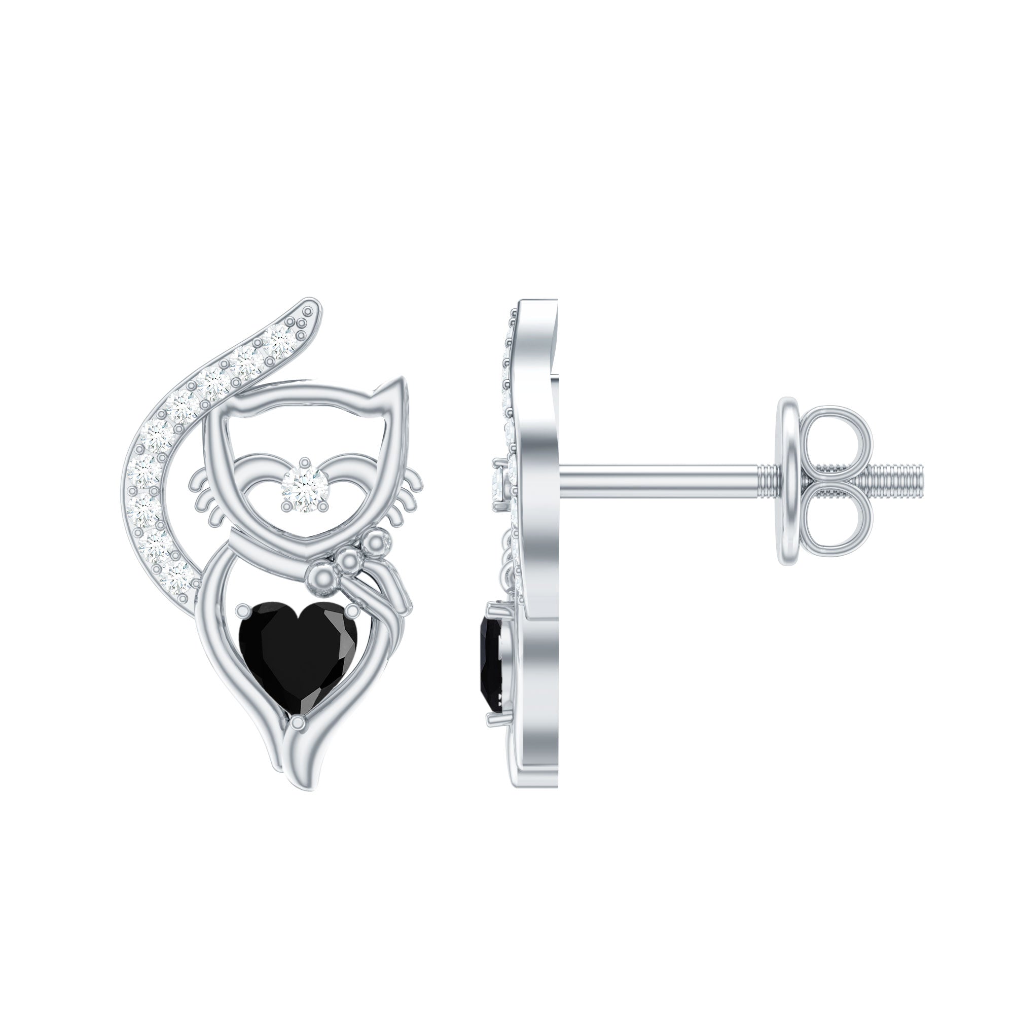 Heart Shape Lab Grown Black and White Diamond Cat Stud Earrings AAAA ( Synthetic ) - Rosec Jewels