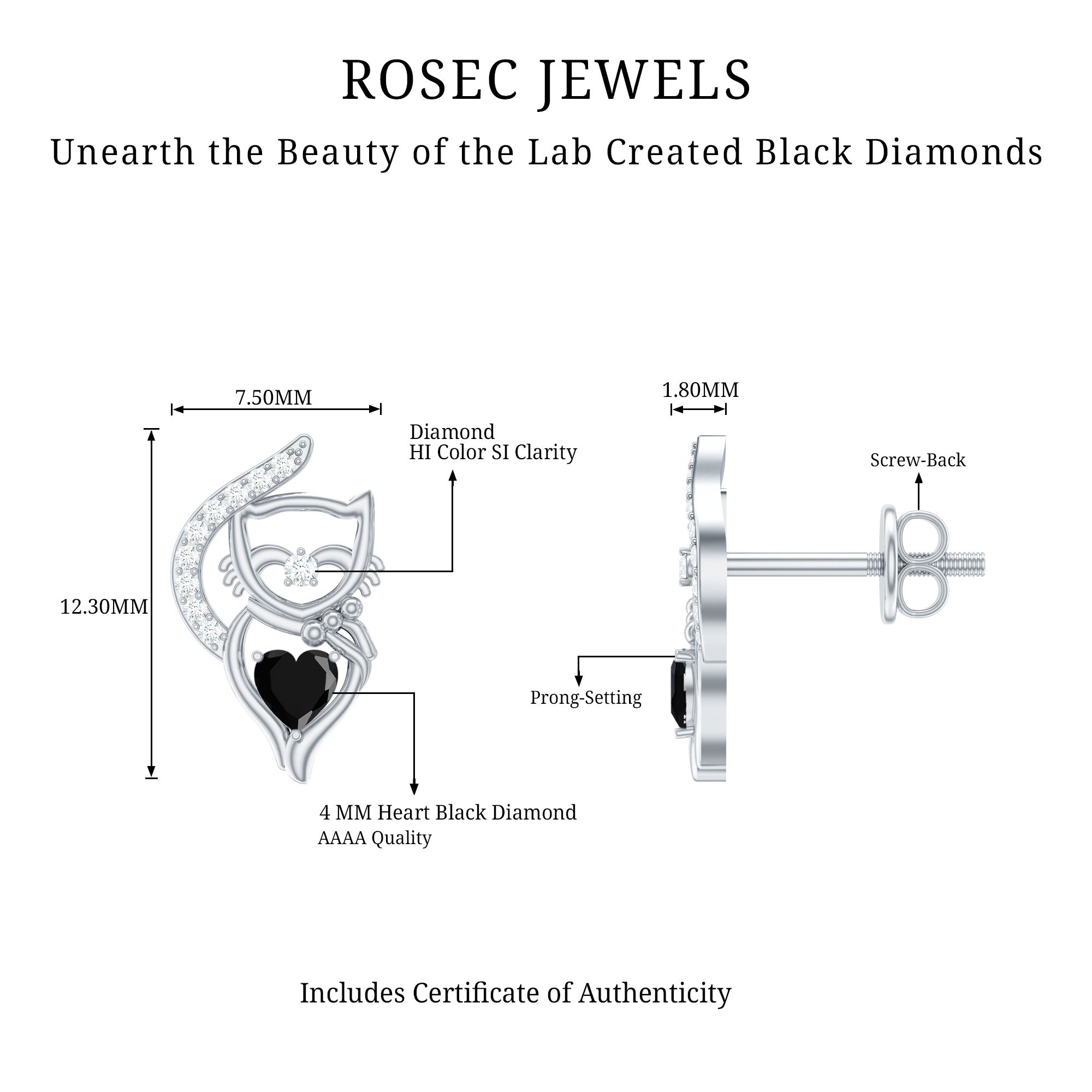 Heart Shape Lab Grown Black and White Diamond Cat Stud Earrings AAAA ( Synthetic ) - Rosec Jewels