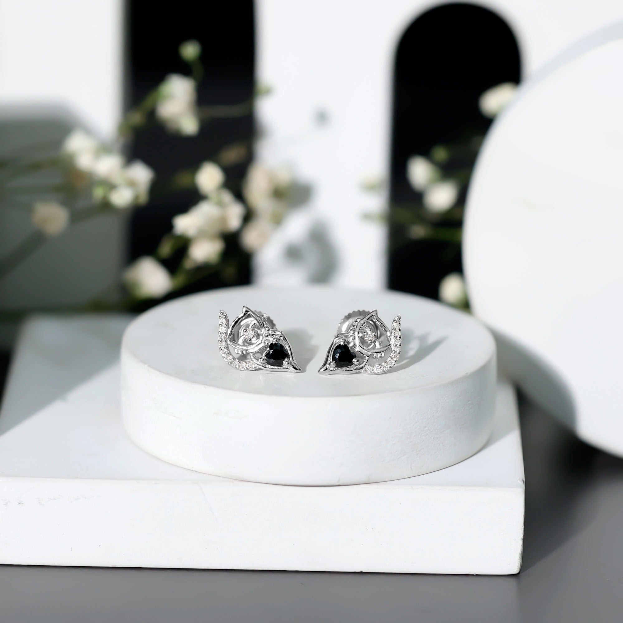 Heart Shape Lab Grown Black and White Diamond Cat Stud Earrings AAAA ( Synthetic ) - Rosec Jewels
