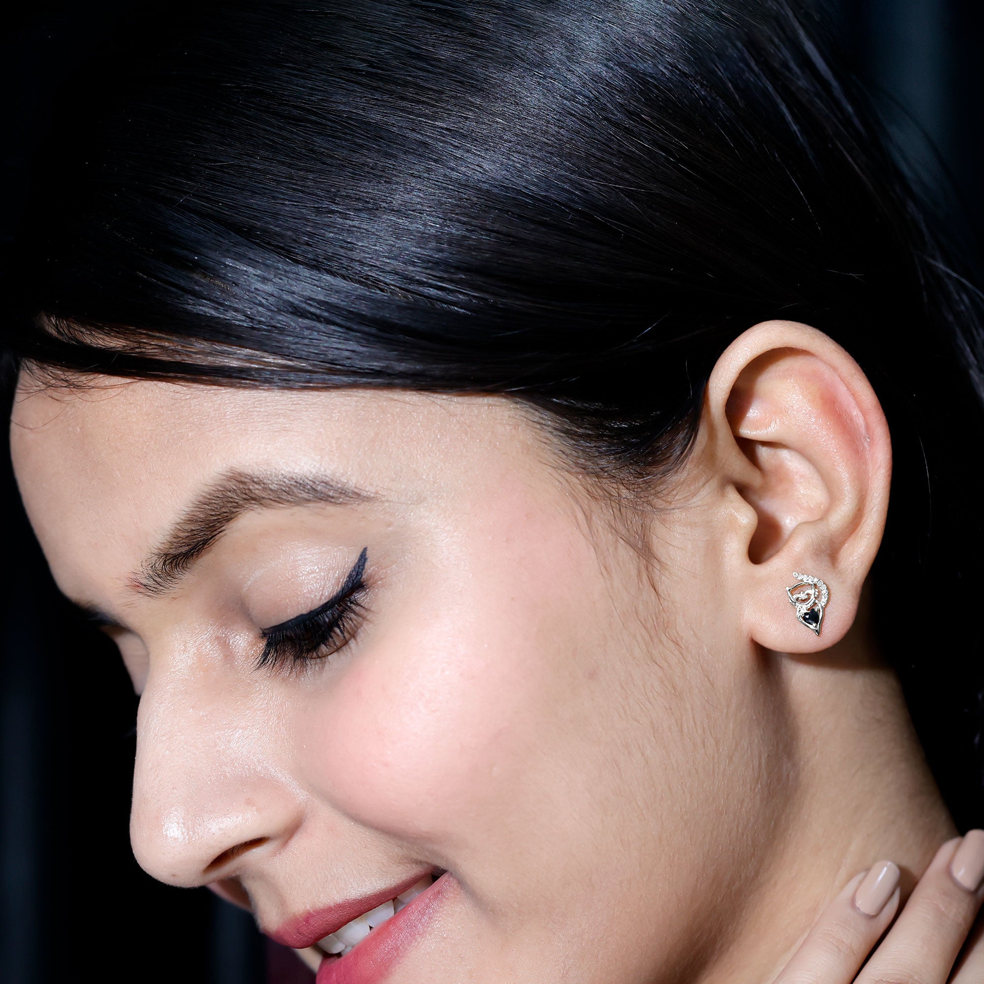 Heart Shape Lab Grown Black and White Diamond Cat Stud Earrings AAAA ( Synthetic ) - Rosec Jewels