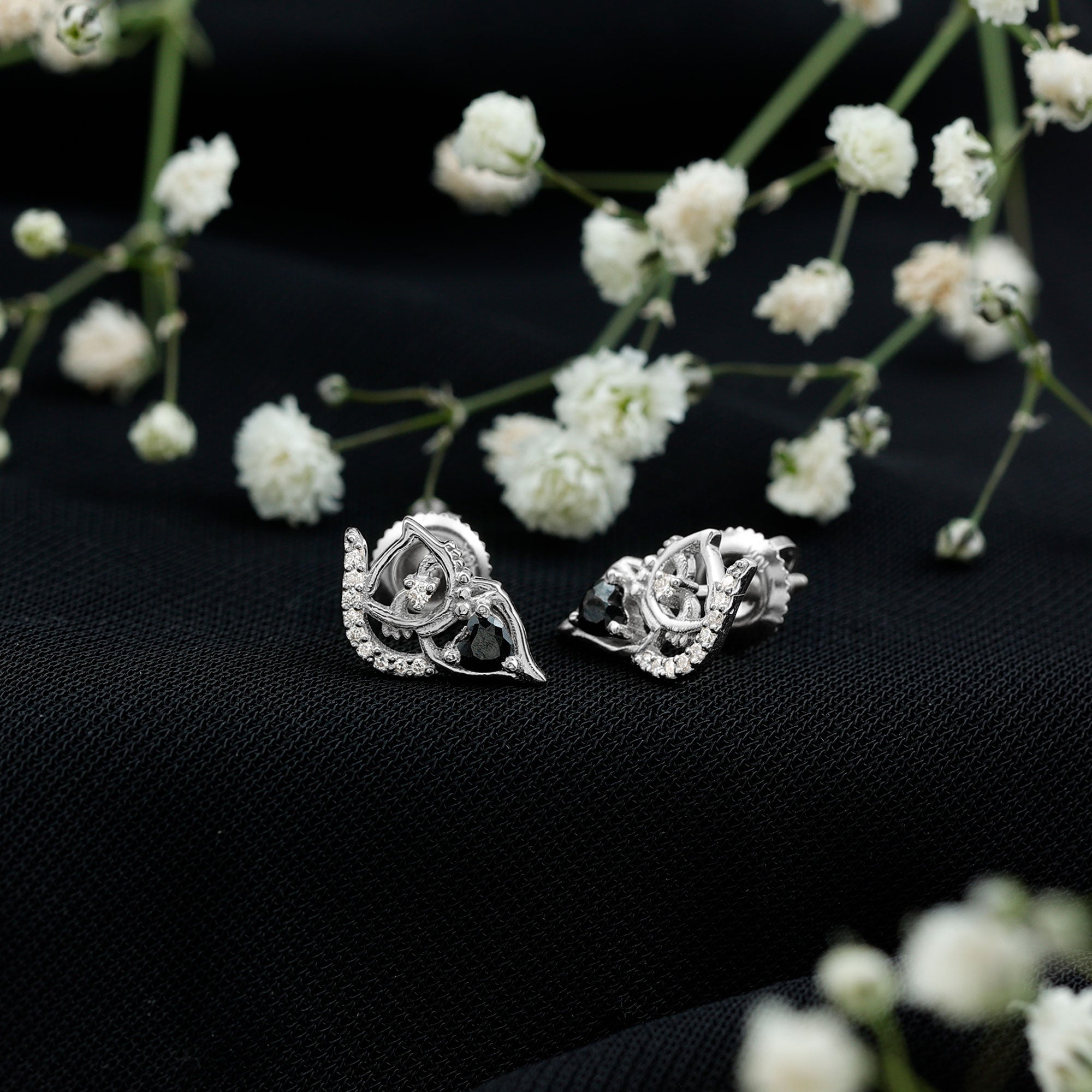 Heart Shape Lab Grown Black and White Diamond Cat Stud Earrings AAAA ( Synthetic ) - Rosec Jewels