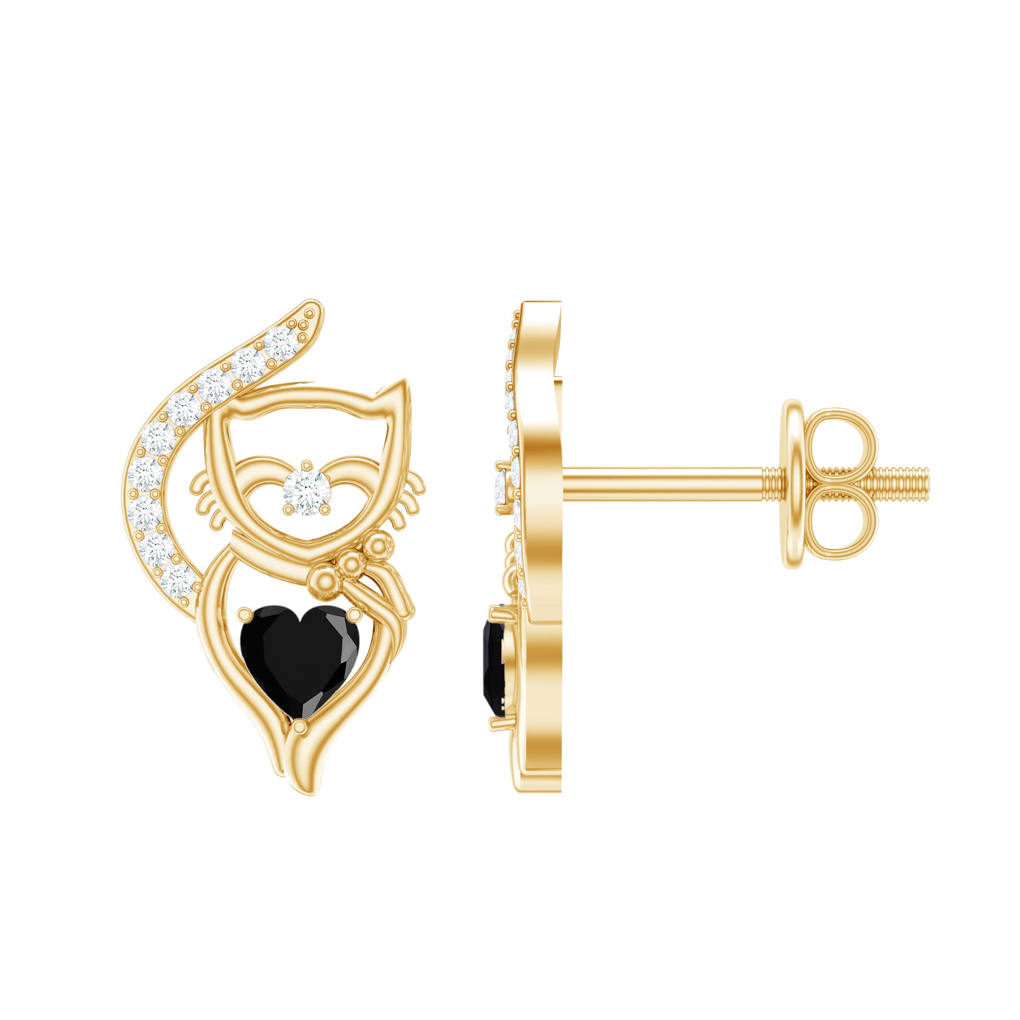 Heart Shape Lab Grown Black and White Diamond Cat Stud Earrings AAAA ( Synthetic ) - Rosec Jewels