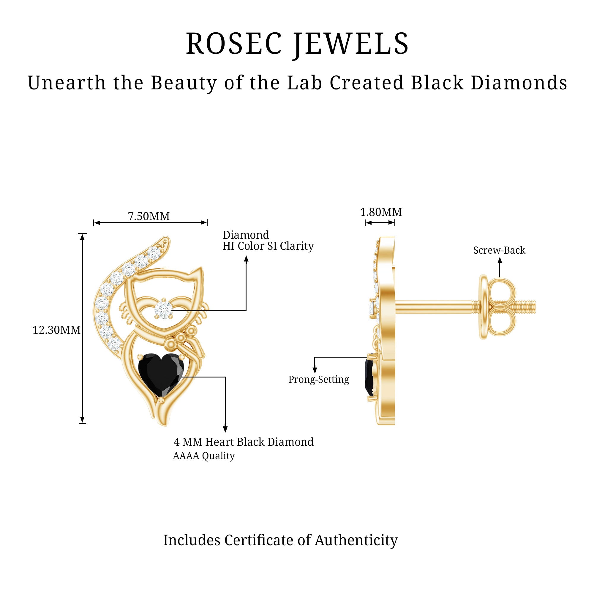 Heart Shape Lab Grown Black and White Diamond Cat Stud Earrings AAAA ( Synthetic ) - Rosec Jewels