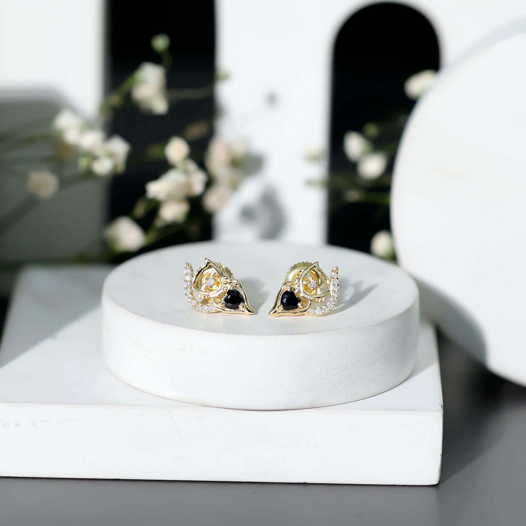 Heart Shape Lab Grown Black and White Diamond Cat Stud Earrings AAAA ( Synthetic ) - Rosec Jewels