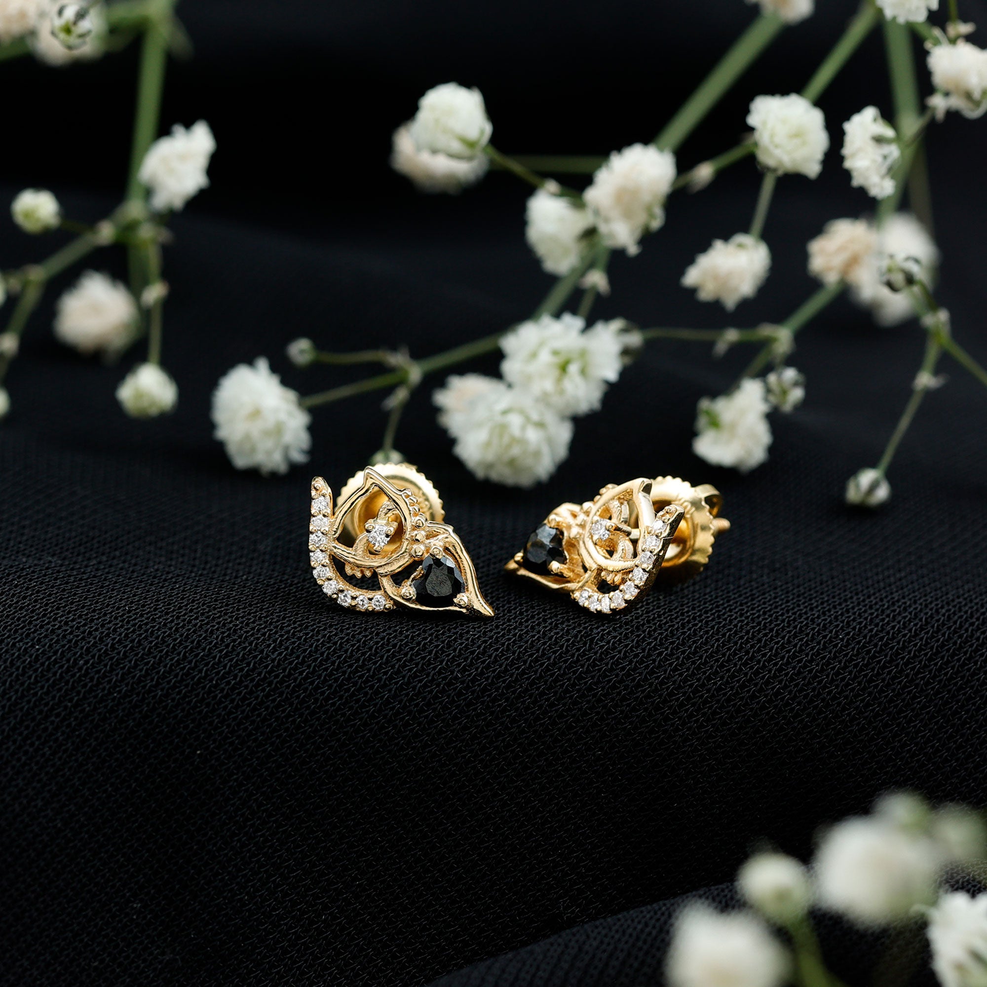 Heart Shape Lab Grown Black and White Diamond Cat Stud Earrings AAAA ( Synthetic ) - Rosec Jewels