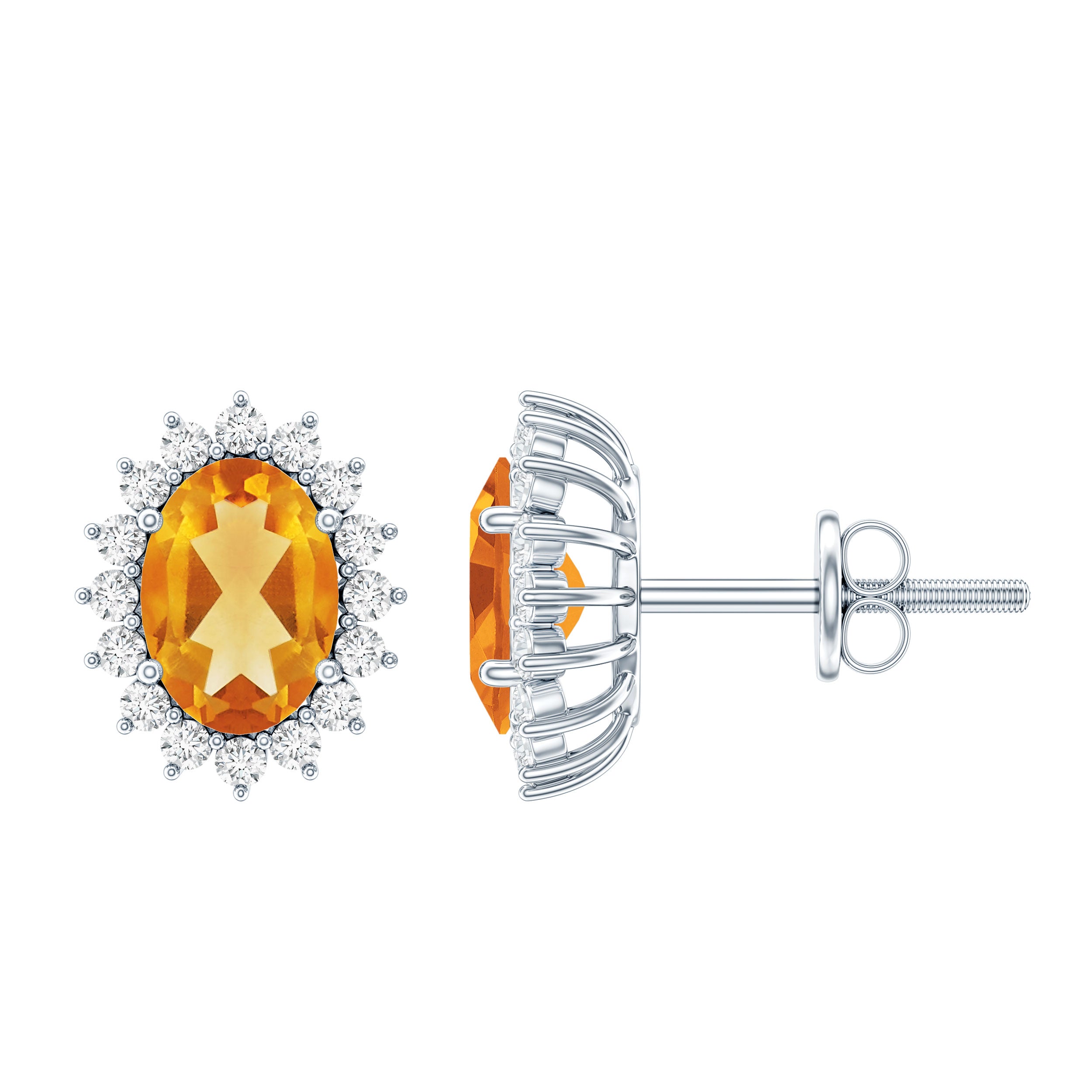 Natural 6X8mm Oval Citrine Stud Earrings with Halo AAA - Rosec Jewels
