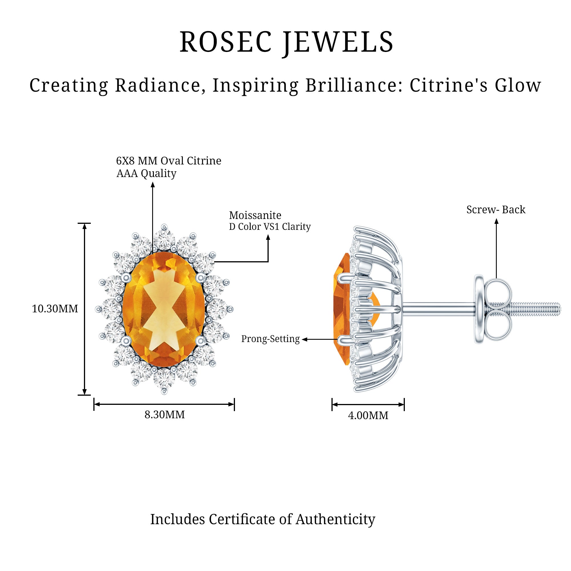 Natural 6X8mm Oval Citrine Stud Earrings with Halo AAA - Rosec Jewels