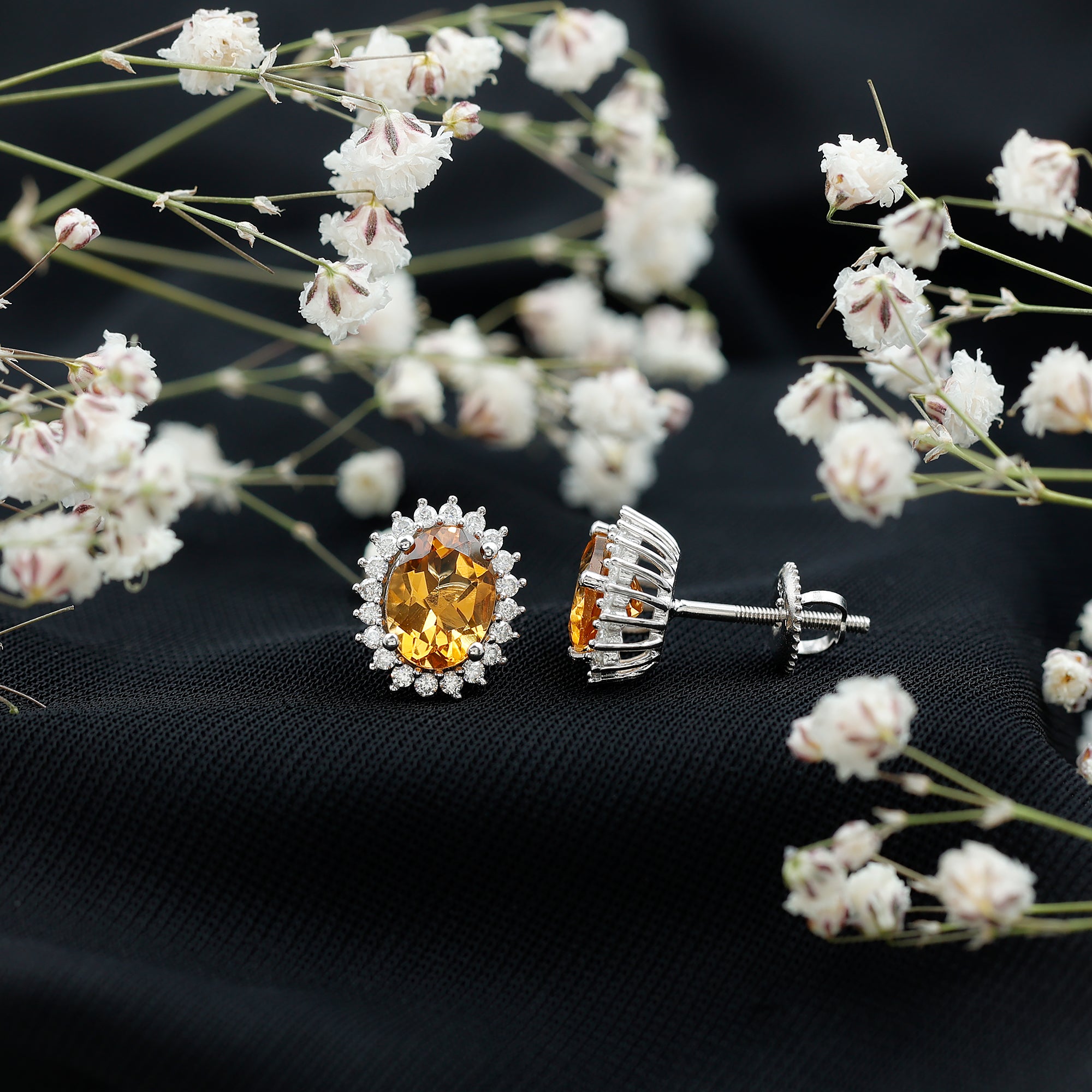 Natural 6X8mm Oval Citrine Stud Earrings with Halo AAA - Rosec Jewels