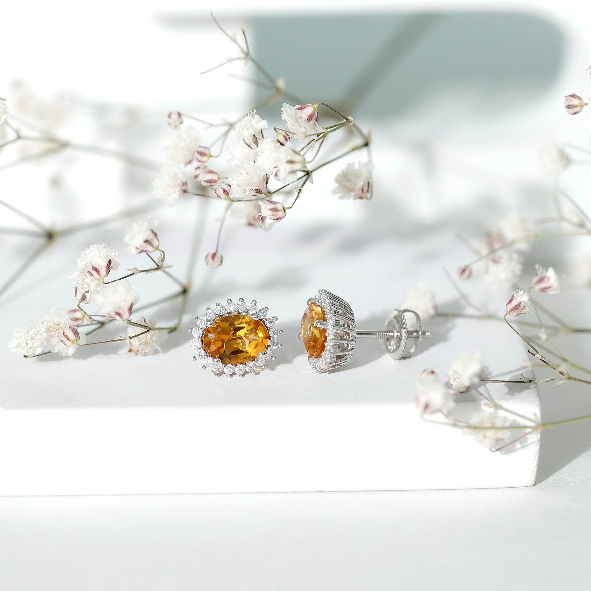 Natural 6X8mm Oval Citrine Stud Earrings with Halo AAA - Rosec Jewels