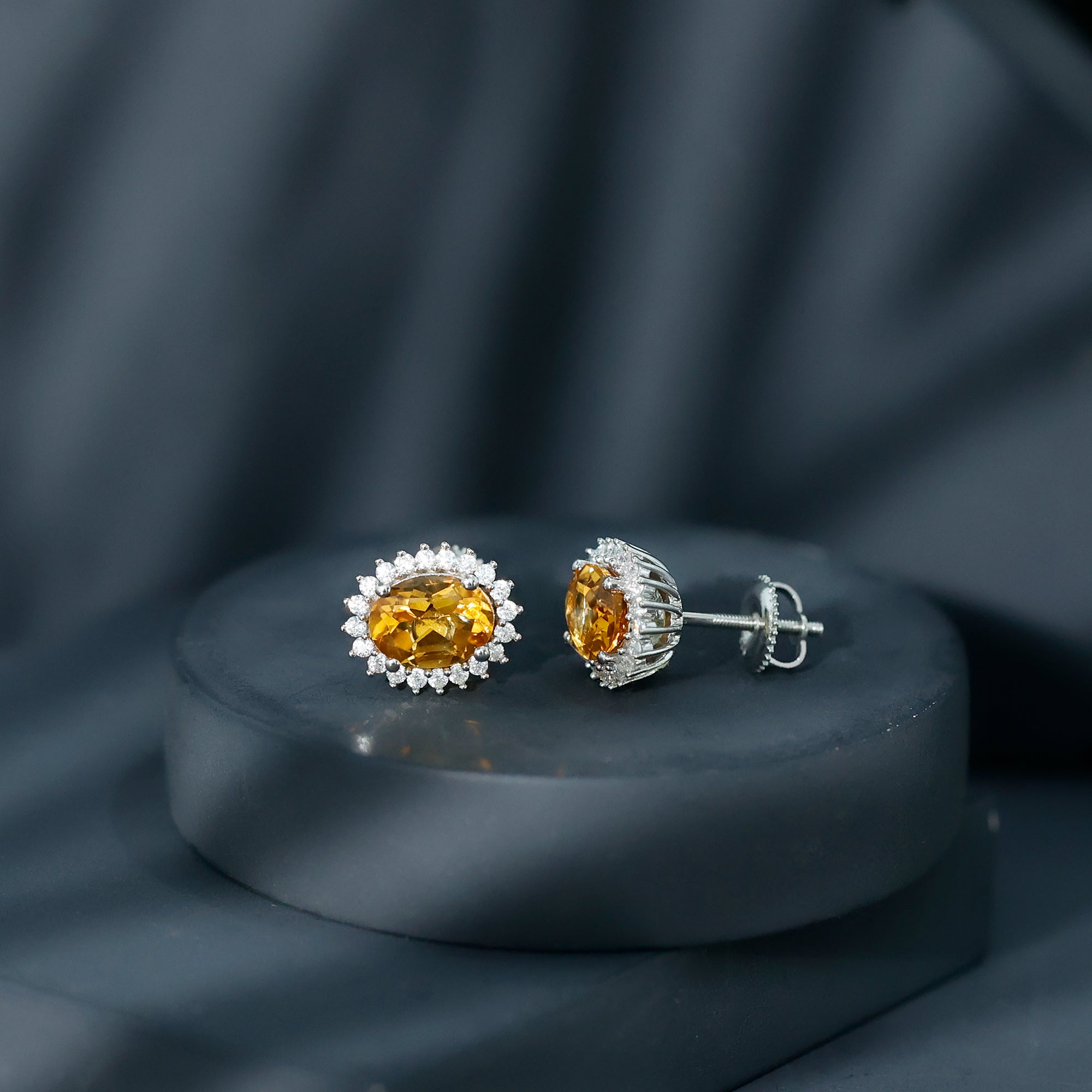 Natural 6X8mm Oval Citrine Stud Earrings with Halo AAA - Rosec Jewels