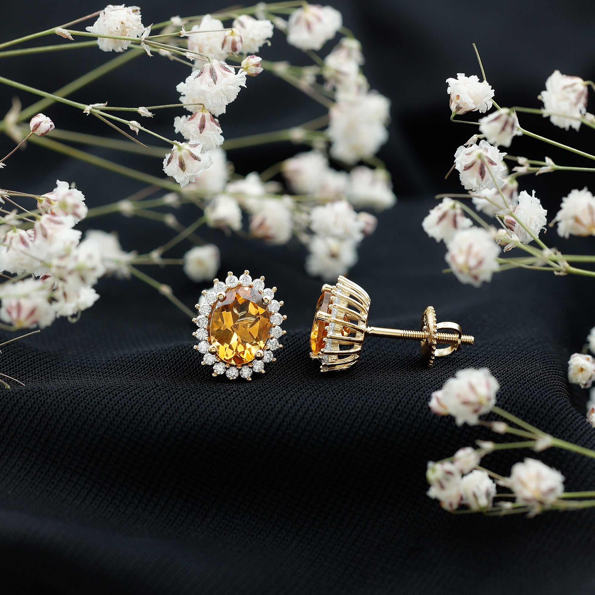 Natural 6X8mm Oval Citrine Stud Earrings with Halo AAA - Rosec Jewels
