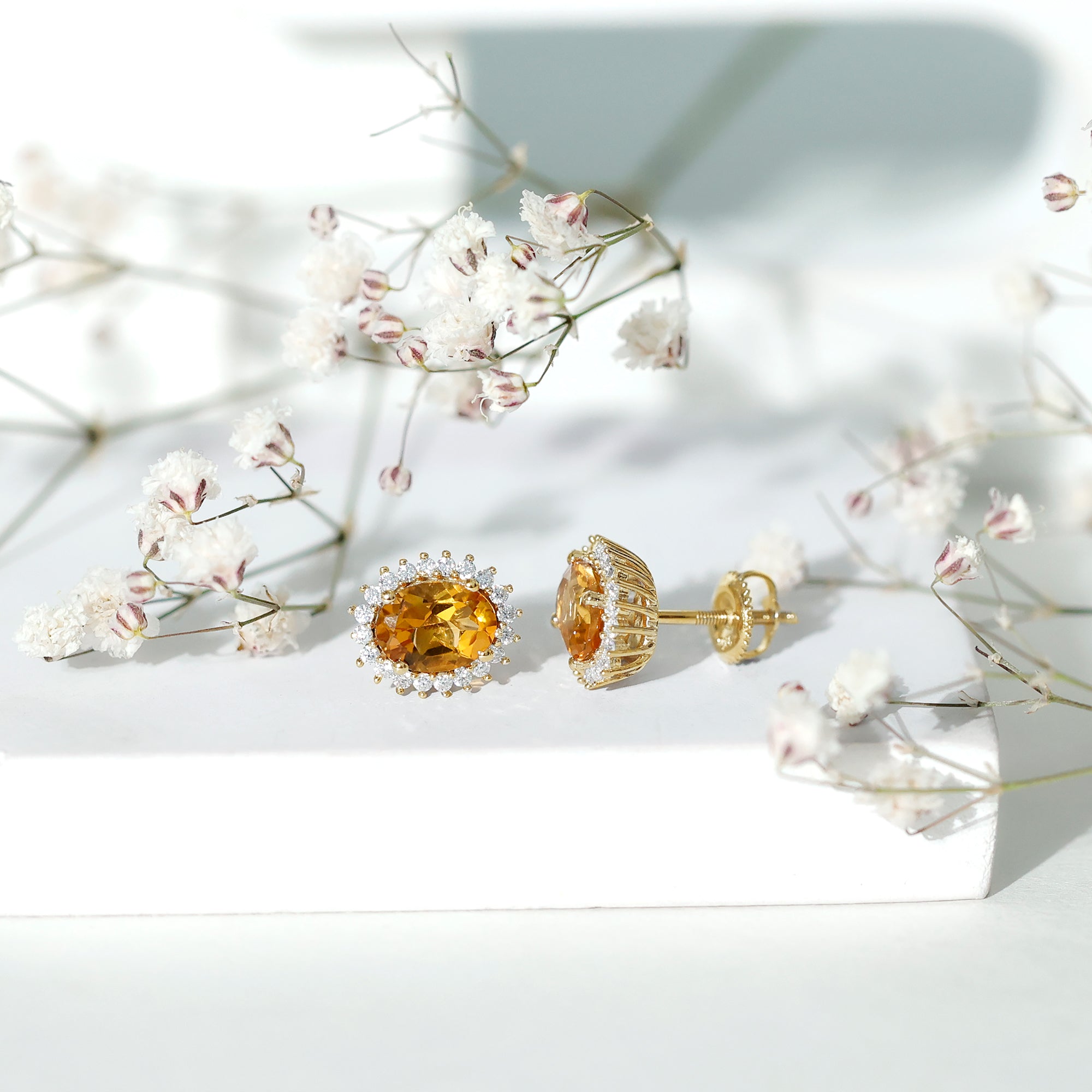Natural 6X8mm Oval Citrine Stud Earrings with Halo AAA - Rosec Jewels