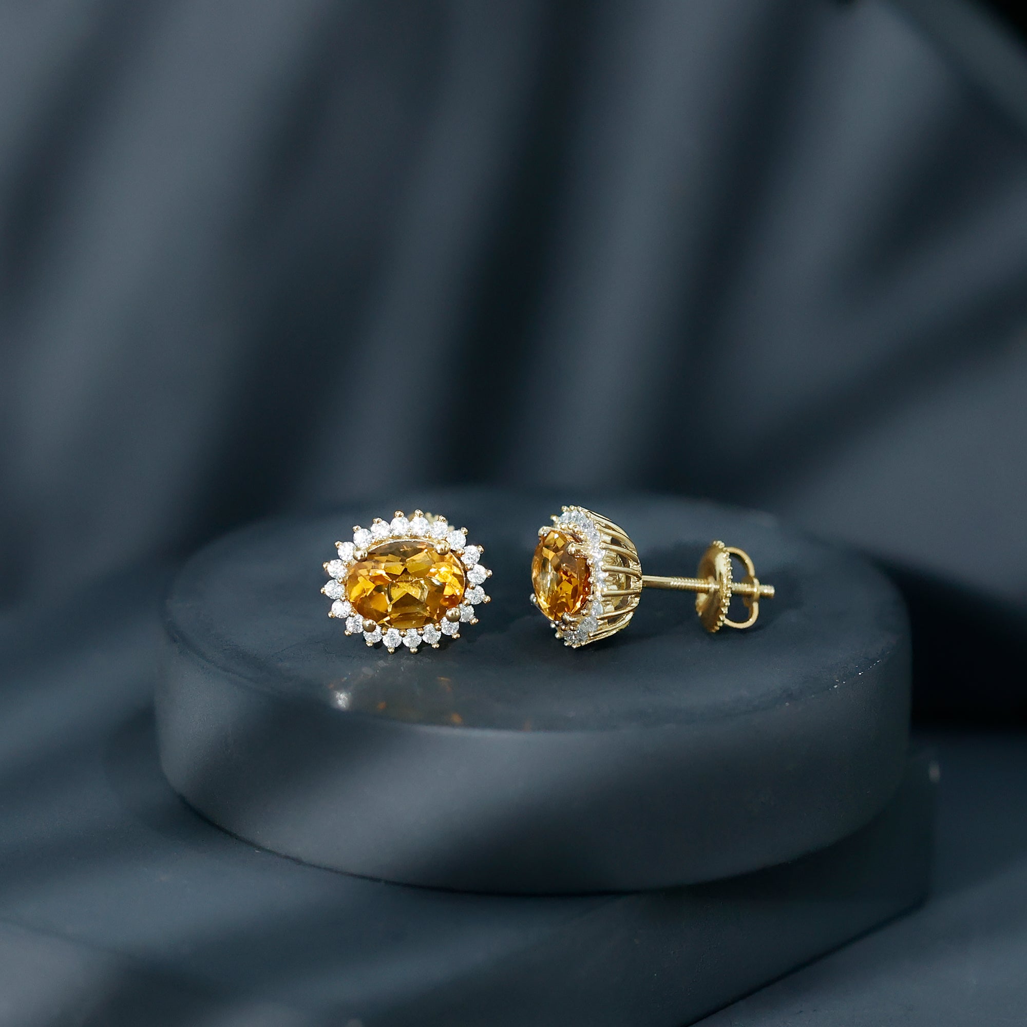 Natural 6X8mm Oval Citrine Stud Earrings with Halo AAA - Rosec Jewels