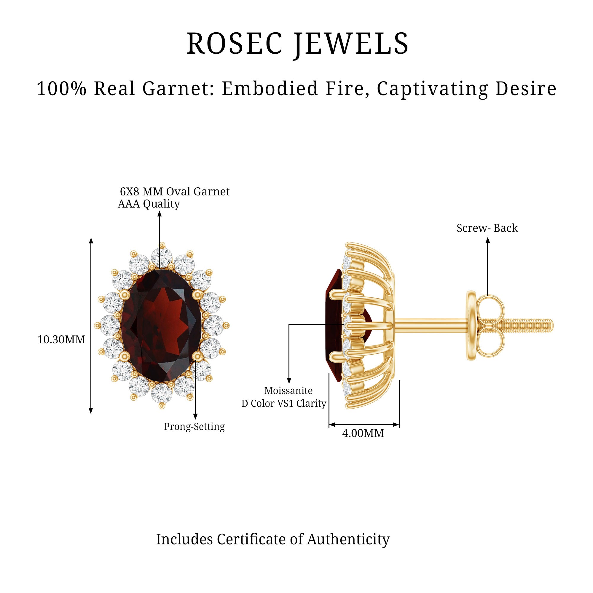3 Carat Garnet Oval Stud Earrings with Moissanite Halo AAA - Rosec Jewels