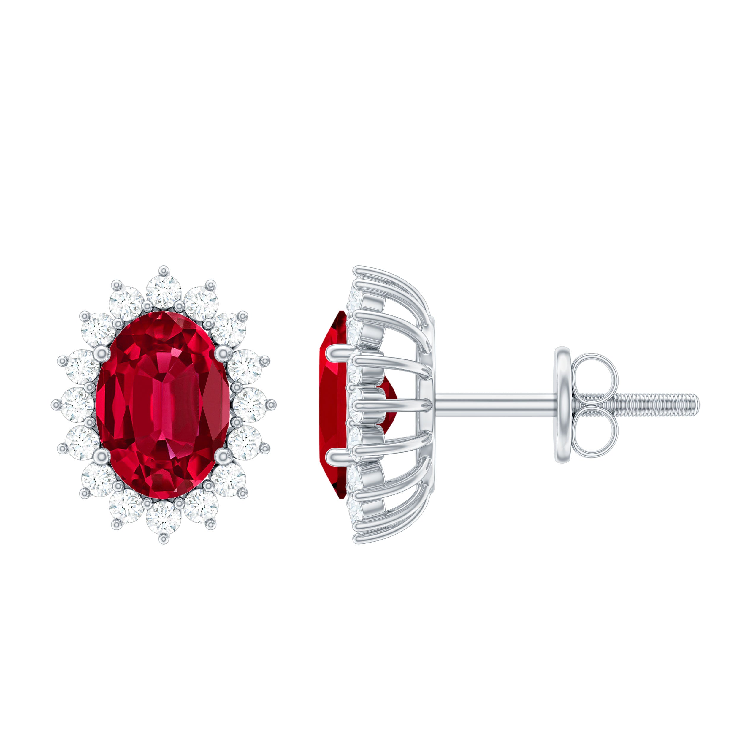 3 Carat Oval Lab Created Ruby Stud Earrings with Diamond Halo AAAA - Rosec Jewels