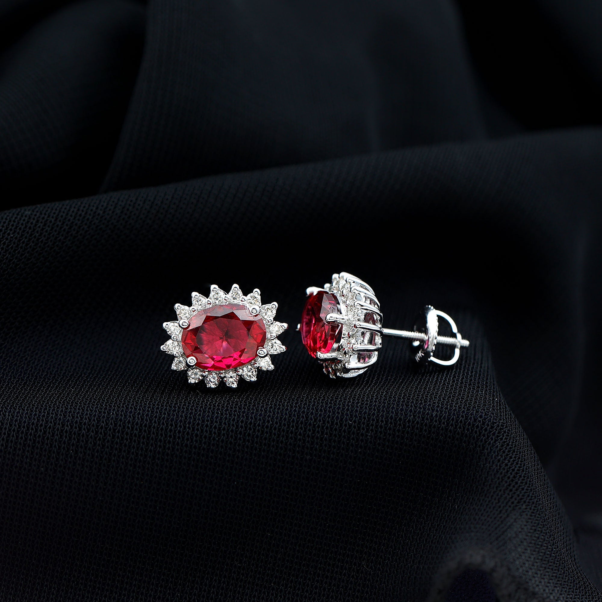 3 Carat Oval Lab Created Ruby Stud Earrings with Diamond Halo AAAA - Rosec Jewels