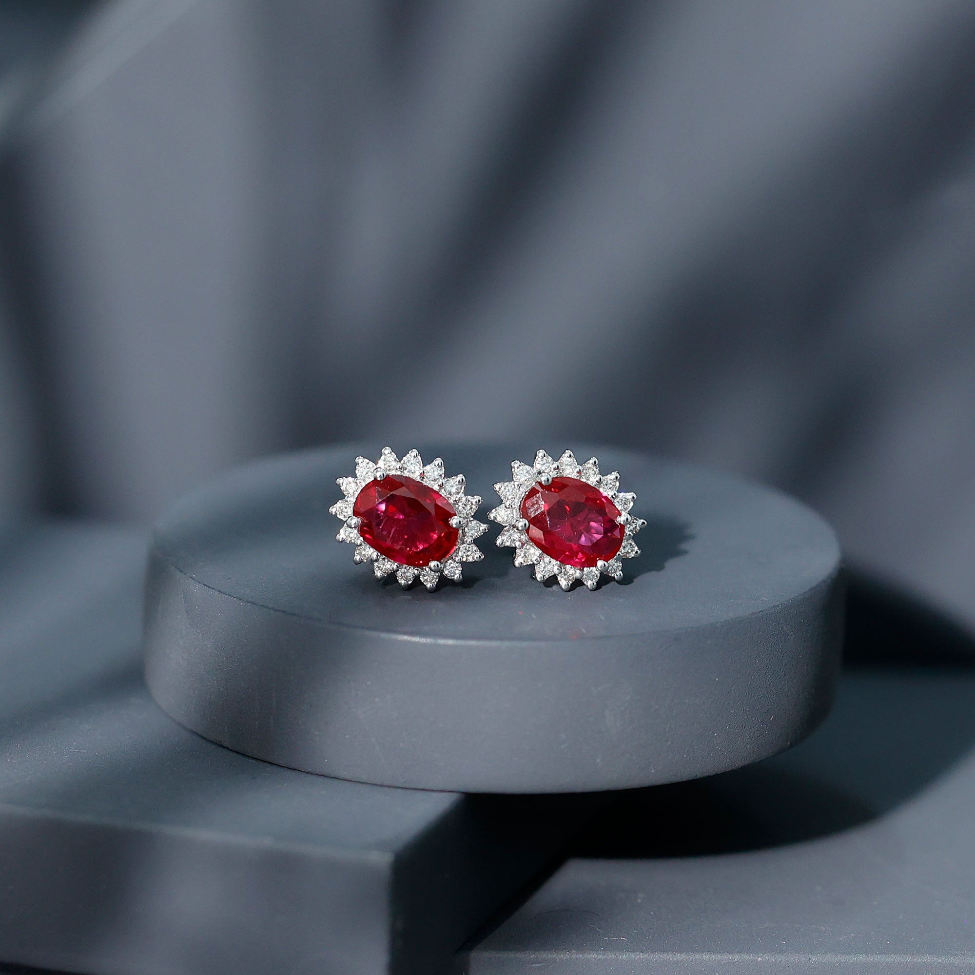 3 Carat Oval Lab Created Ruby Stud Earrings with Diamond Halo AAAA - Rosec Jewels