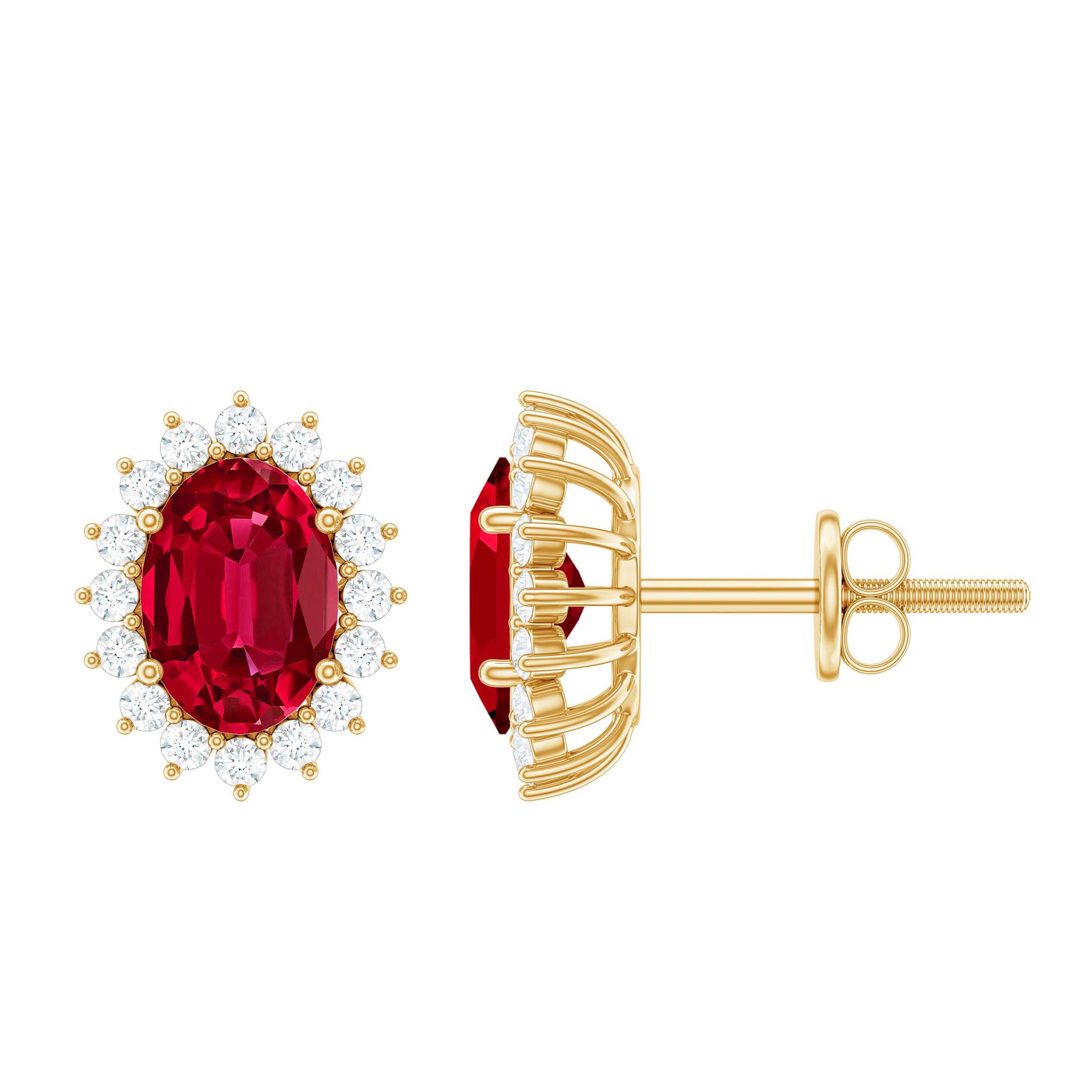 3 Carat Oval Lab Created Ruby Stud Earrings with Diamond Halo AAAA - Rosec Jewels