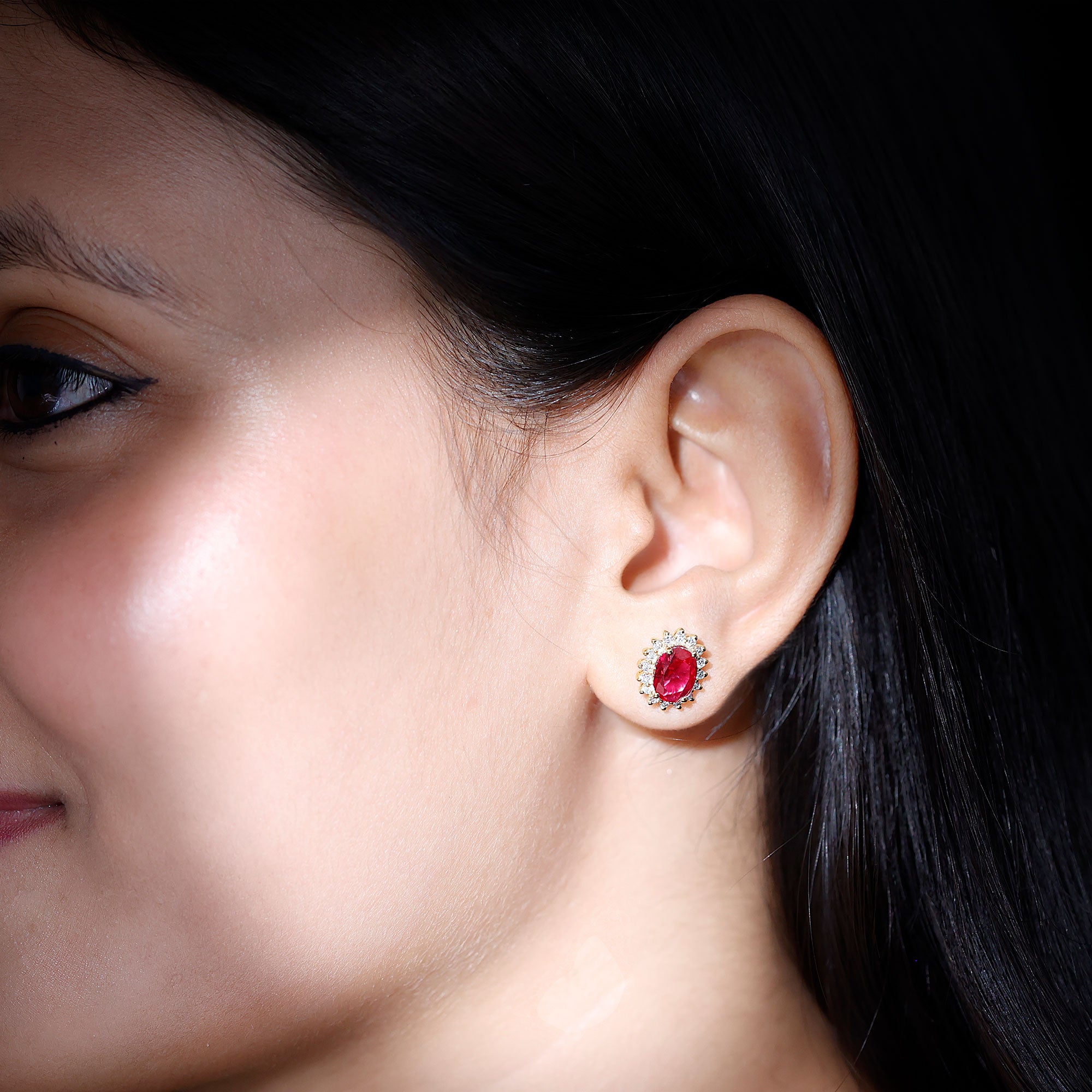 3 Carat Oval Lab Created Ruby Stud Earrings with Diamond Halo AAAA - Rosec Jewels