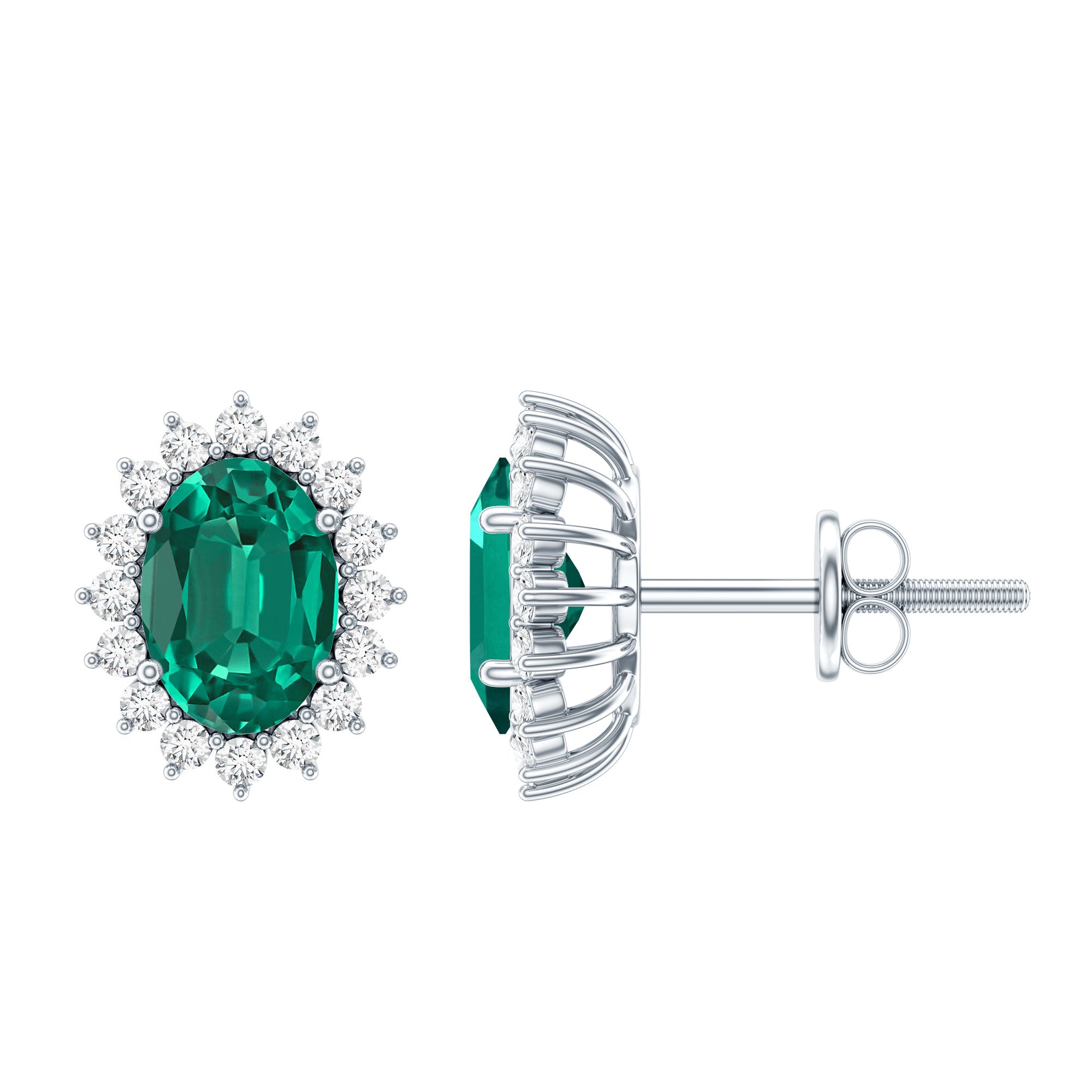 Lab Created Emerald Oval Stud Earrings with Moissanite Halo AAAA - Rosec Jewels