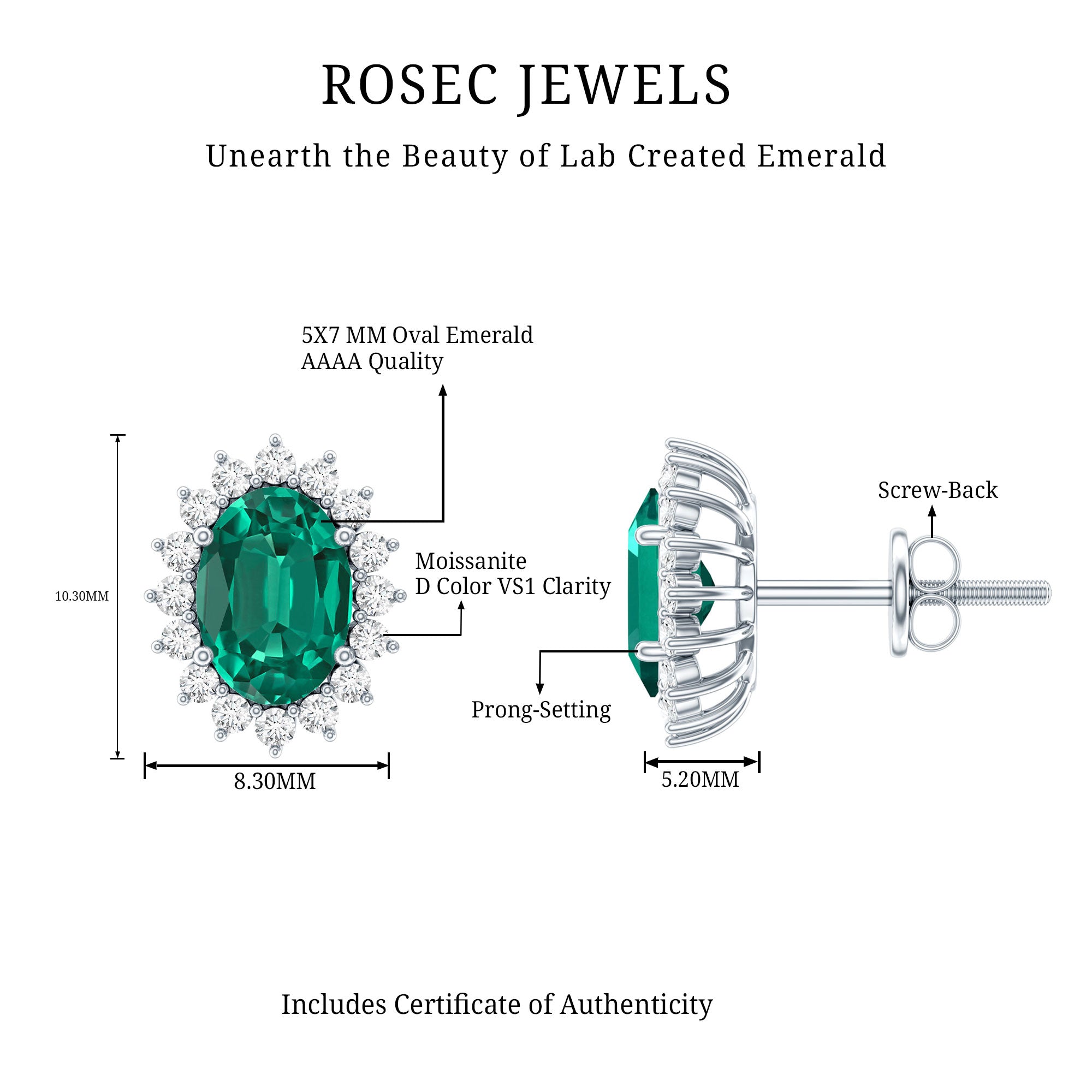 Lab Created Emerald Oval Stud Earrings with Moissanite Halo AAAA - Rosec Jewels