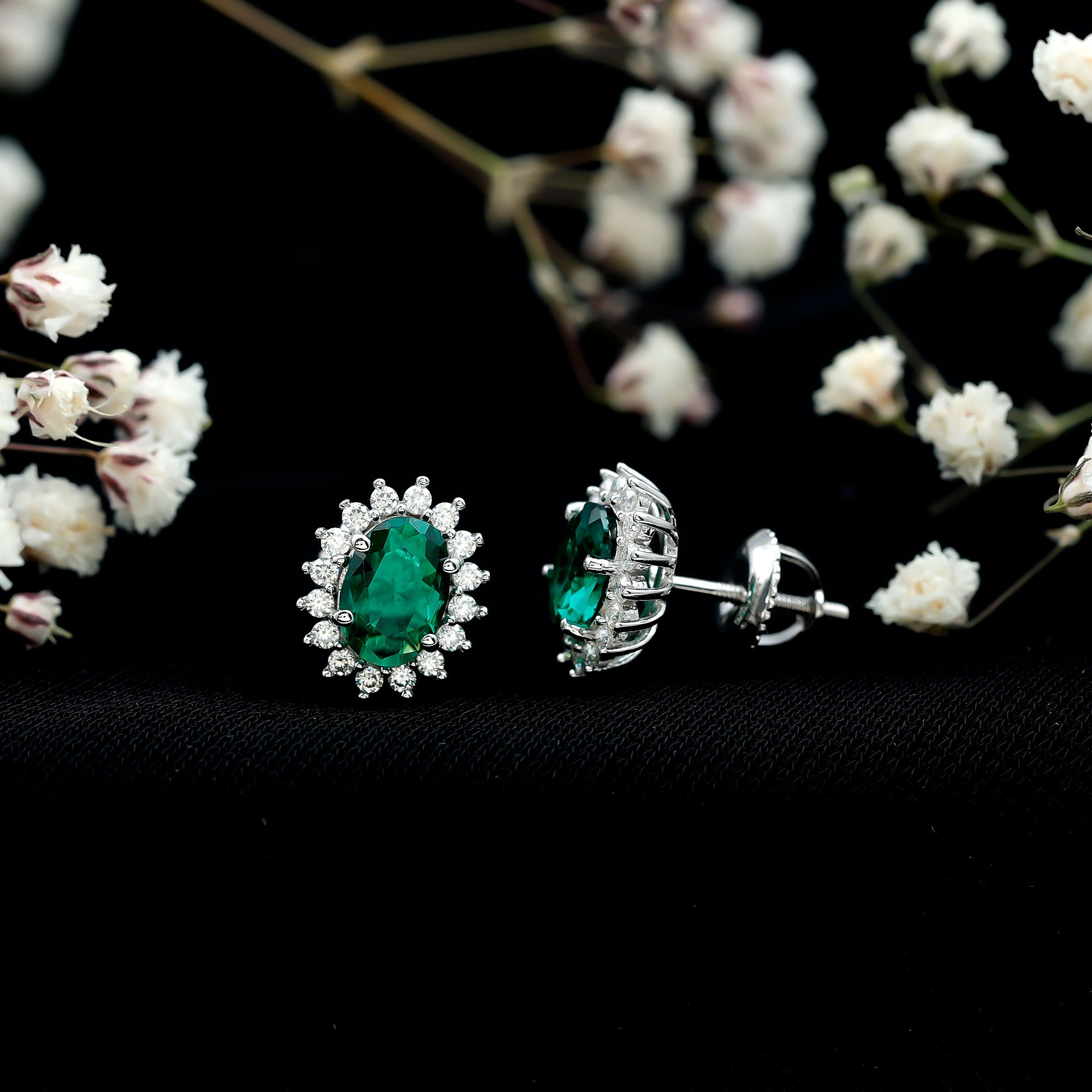 Lab Created Emerald Oval Stud Earrings with Moissanite Halo AAAA - Rosec Jewels