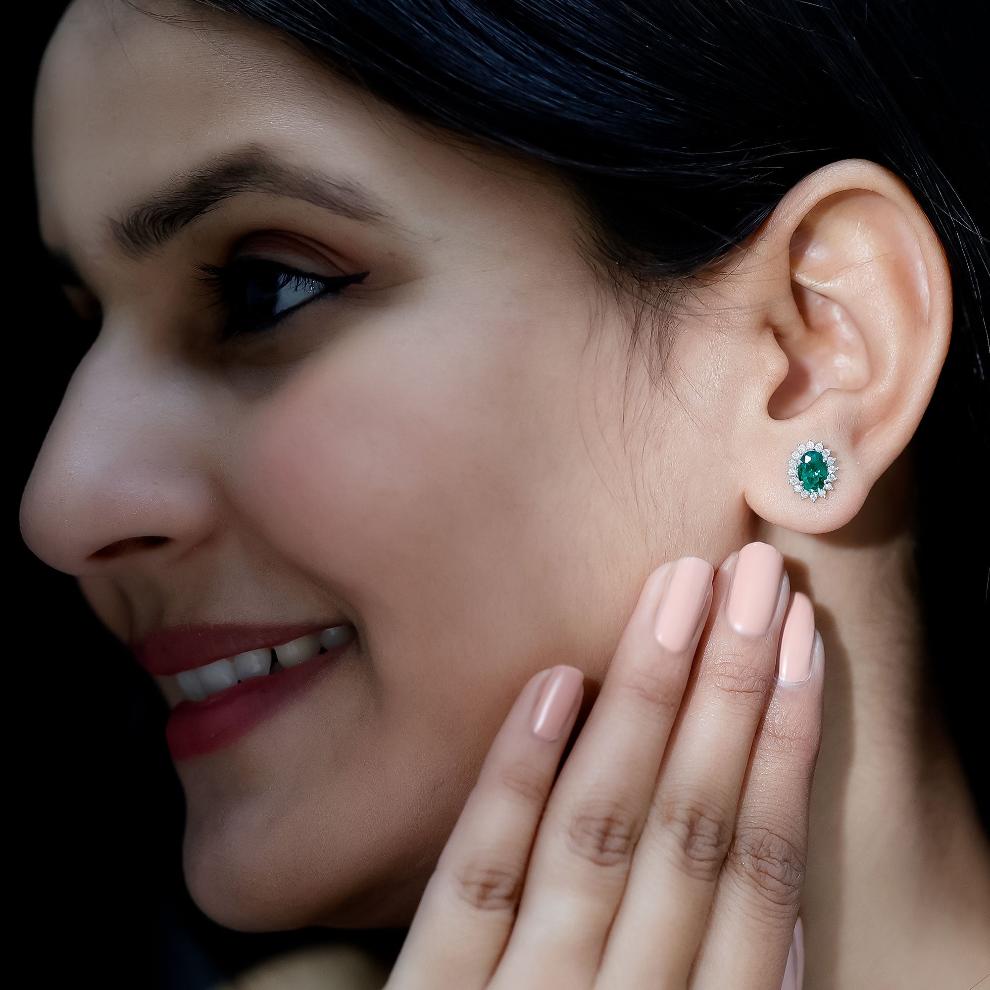 Lab Created Emerald Oval Stud Earrings with Moissanite Halo AAAA - Rosec Jewels