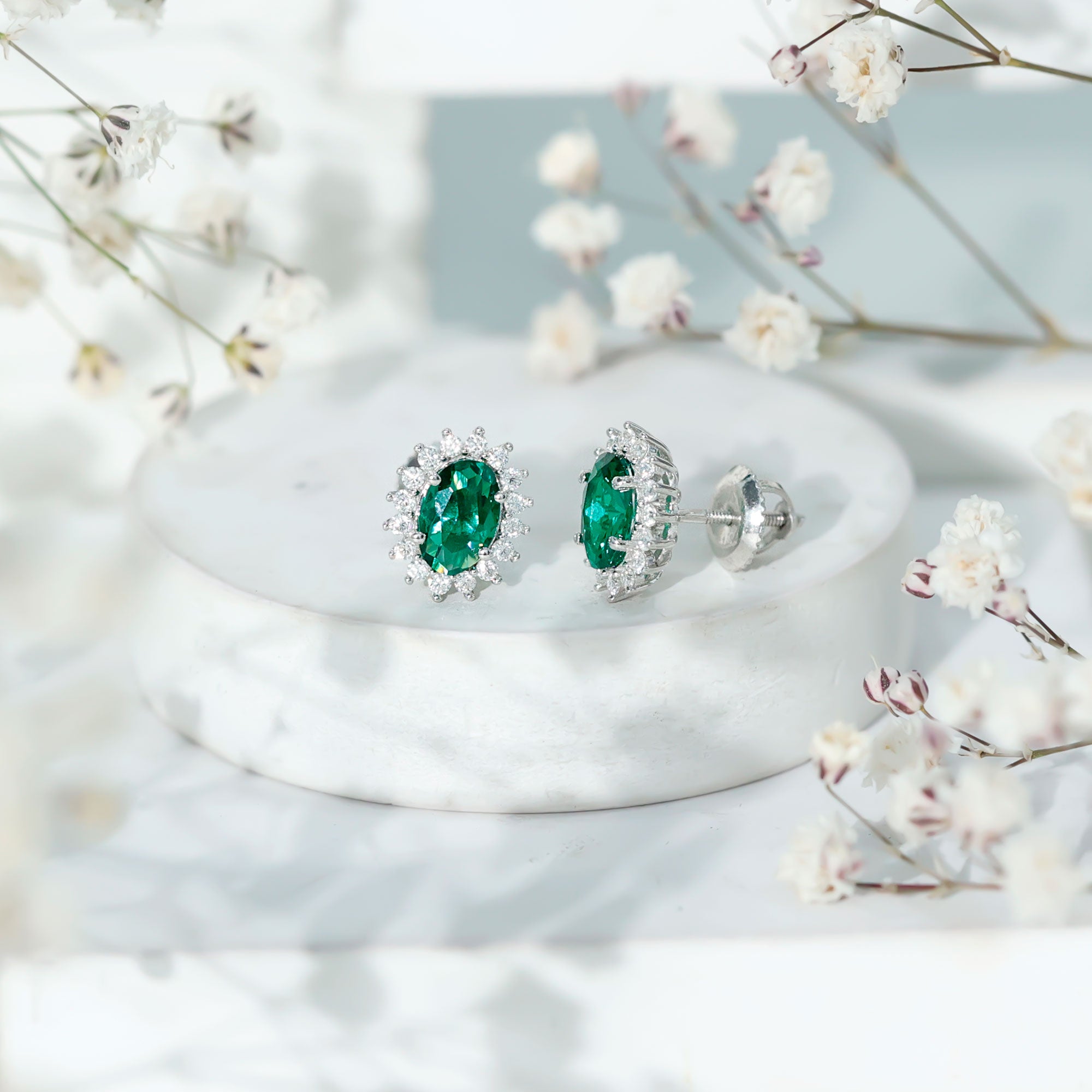 Lab Created Emerald Oval Stud Earrings with Moissanite Halo AAAA - Rosec Jewels