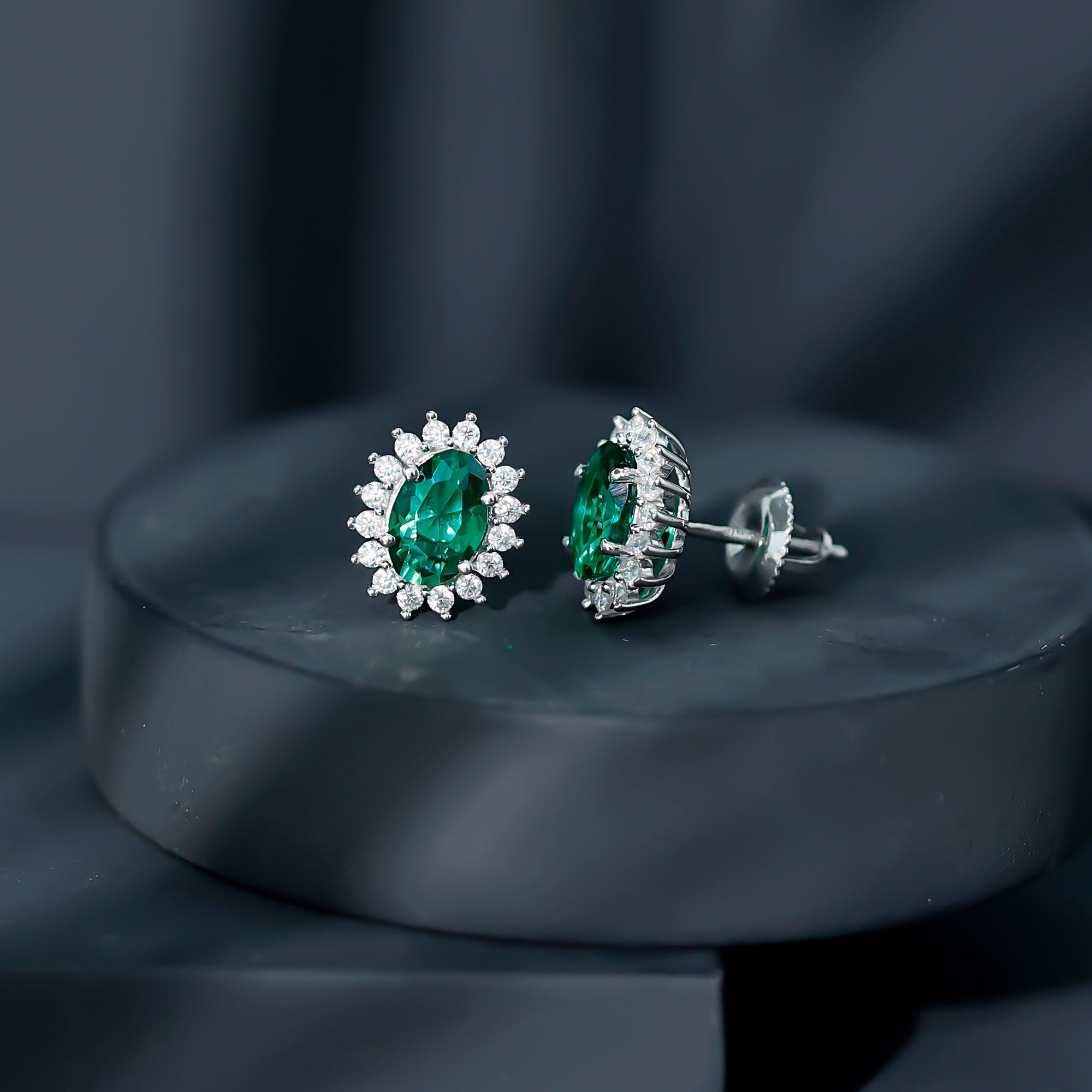 Lab Created Emerald Oval Stud Earrings with Moissanite Halo AAAA - Rosec Jewels