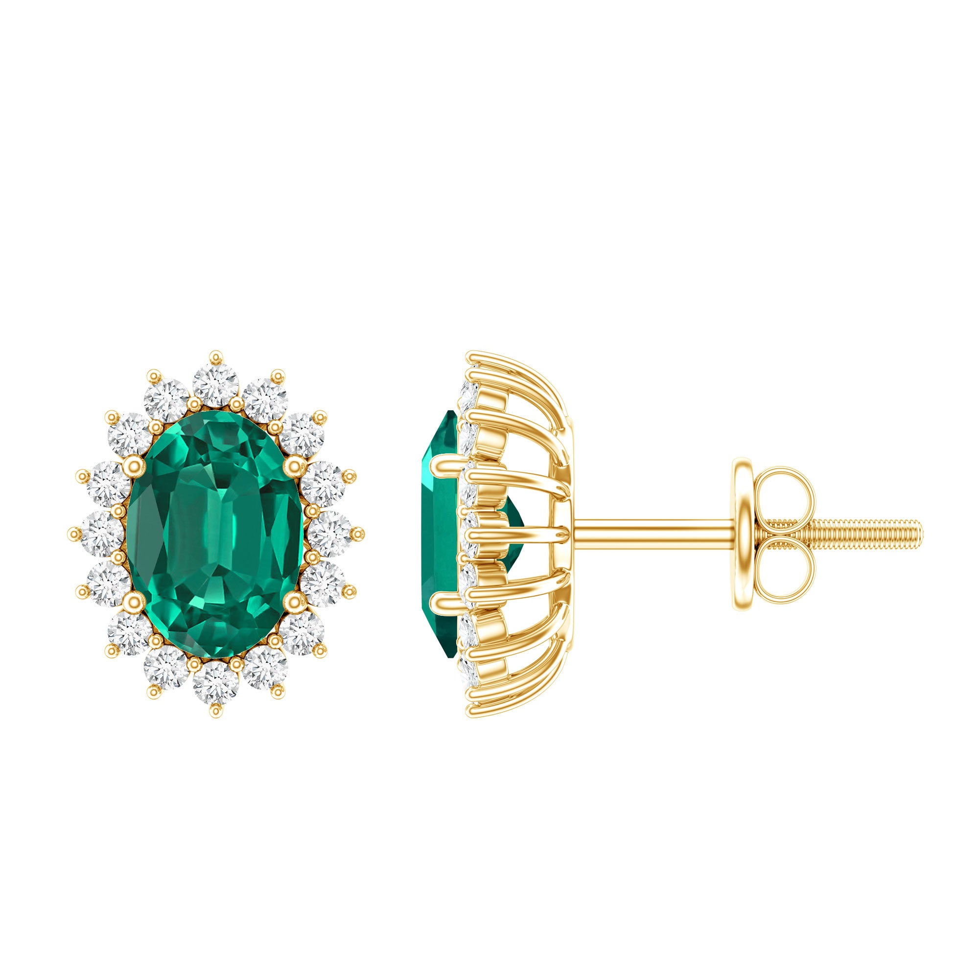 Lab Created Emerald Oval Stud Earrings with Moissanite Halo AAAA - Rosec Jewels