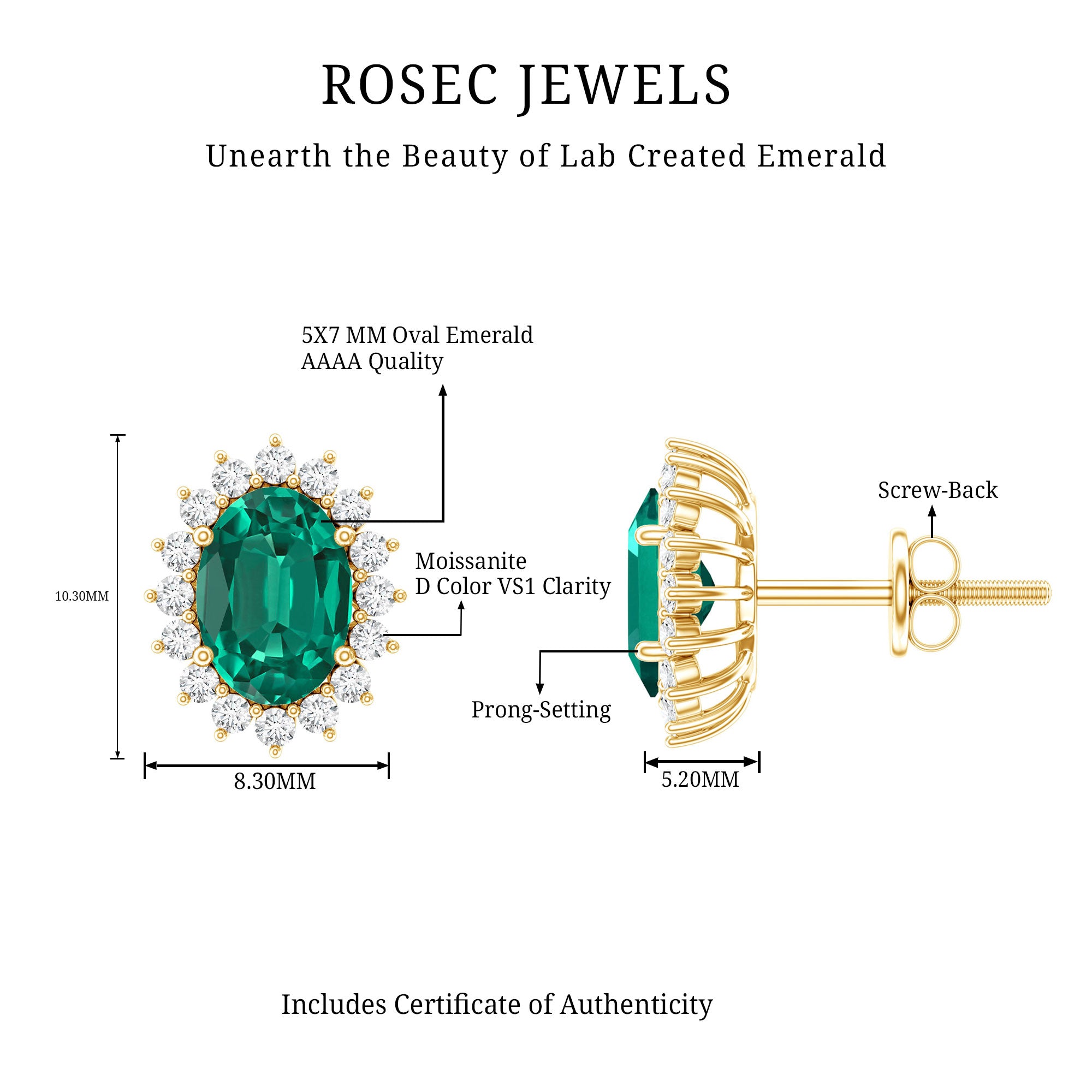 Lab Created Emerald Oval Stud Earrings with Moissanite Halo AAAA - Rosec Jewels