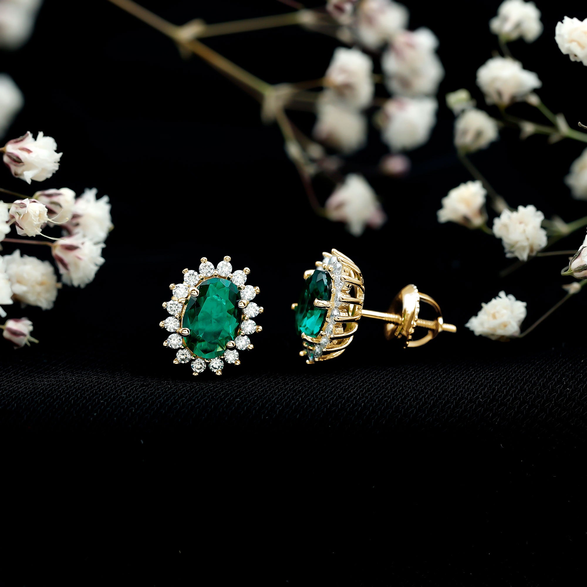 Lab Created Emerald Oval Stud Earrings with Moissanite Halo AAAA - Rosec Jewels