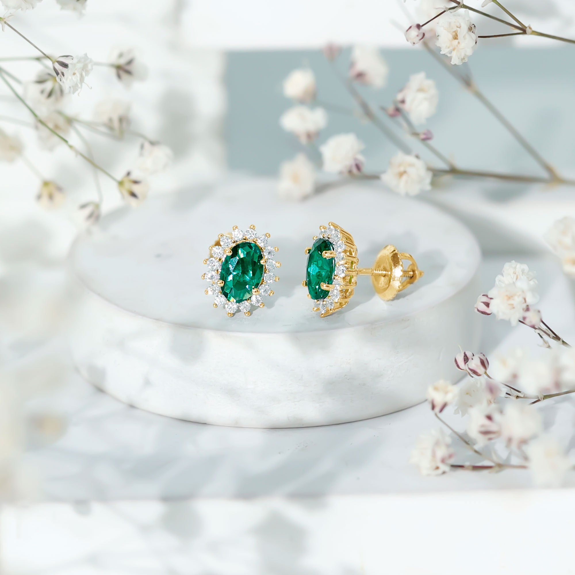 Lab Created Emerald Oval Stud Earrings with Moissanite Halo AAAA - Rosec Jewels