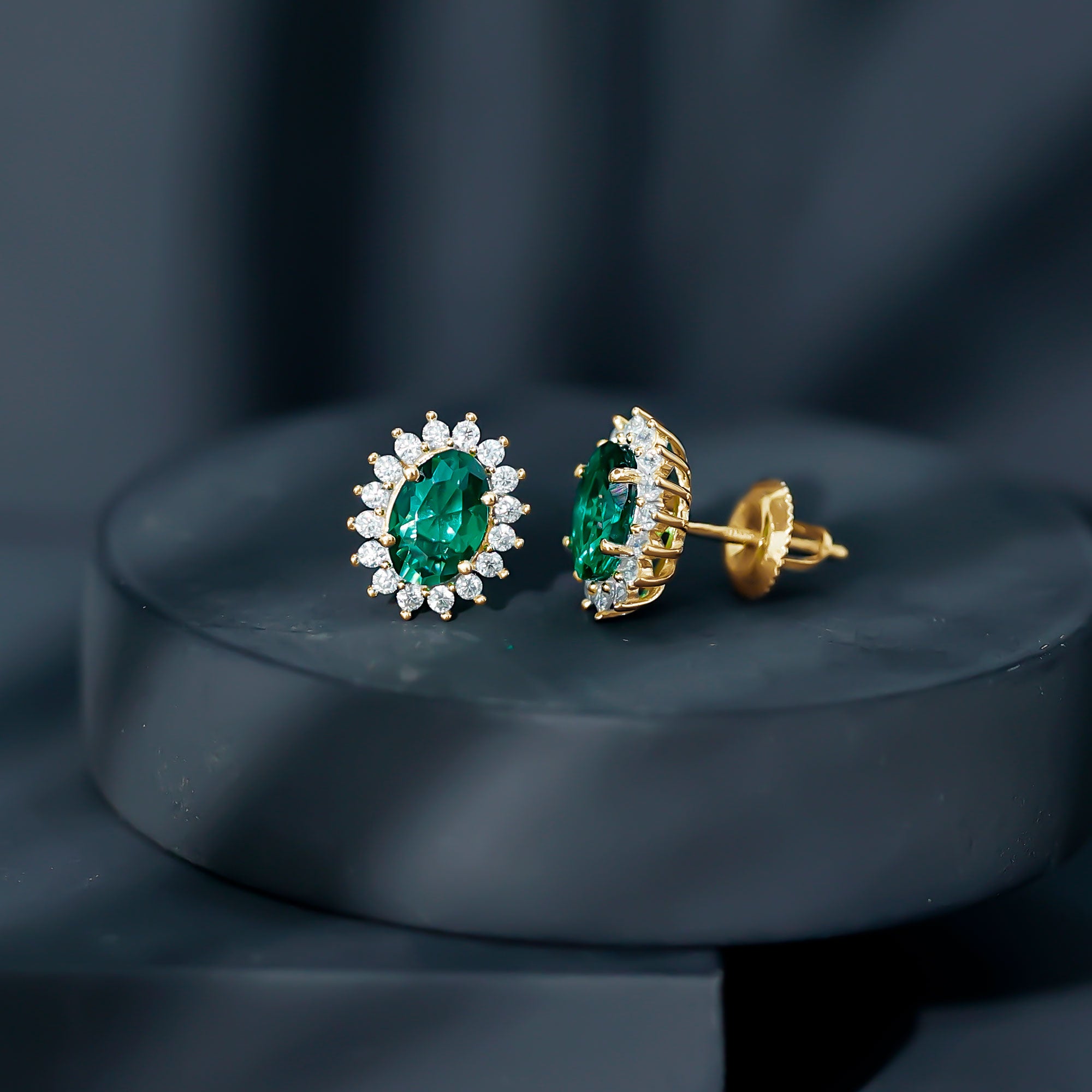 Lab Created Emerald Oval Stud Earrings with Moissanite Halo AAAA - Rosec Jewels